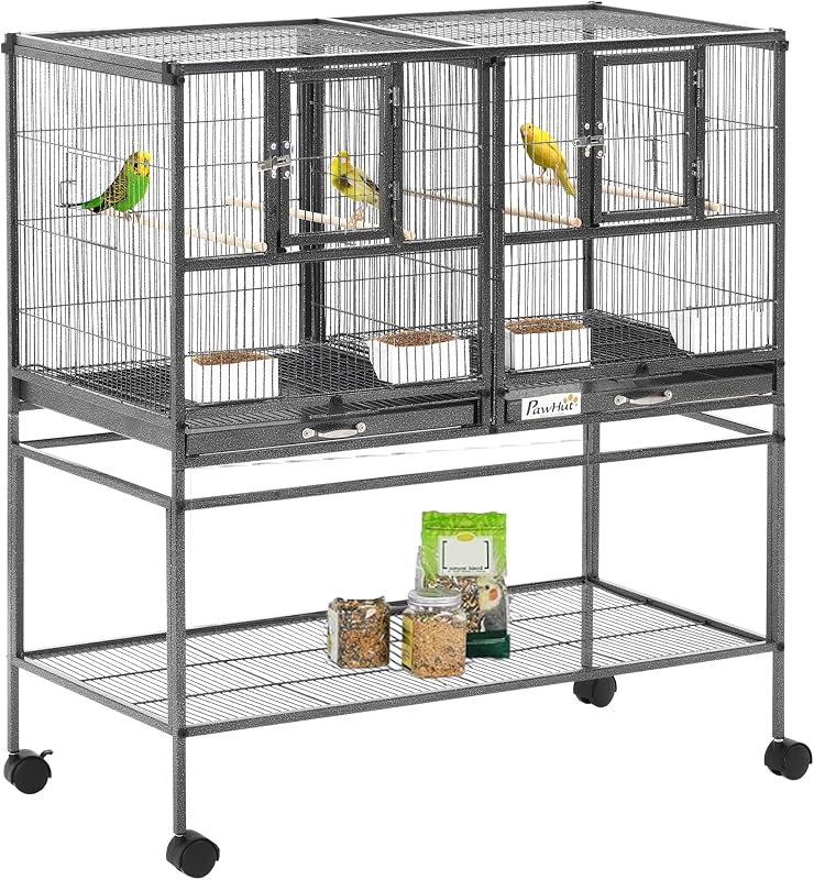 PawHut Divided Breeder Bird Cage with Rolling Stand Removable Metal Tray | Storage Shelf, Wood Perch, Food Container
