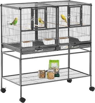 PawHut Divided Breeder Bird Cage with Rolling Stand Removable Metal Tray, Storage Shelf, Wood Perch, and Food Container