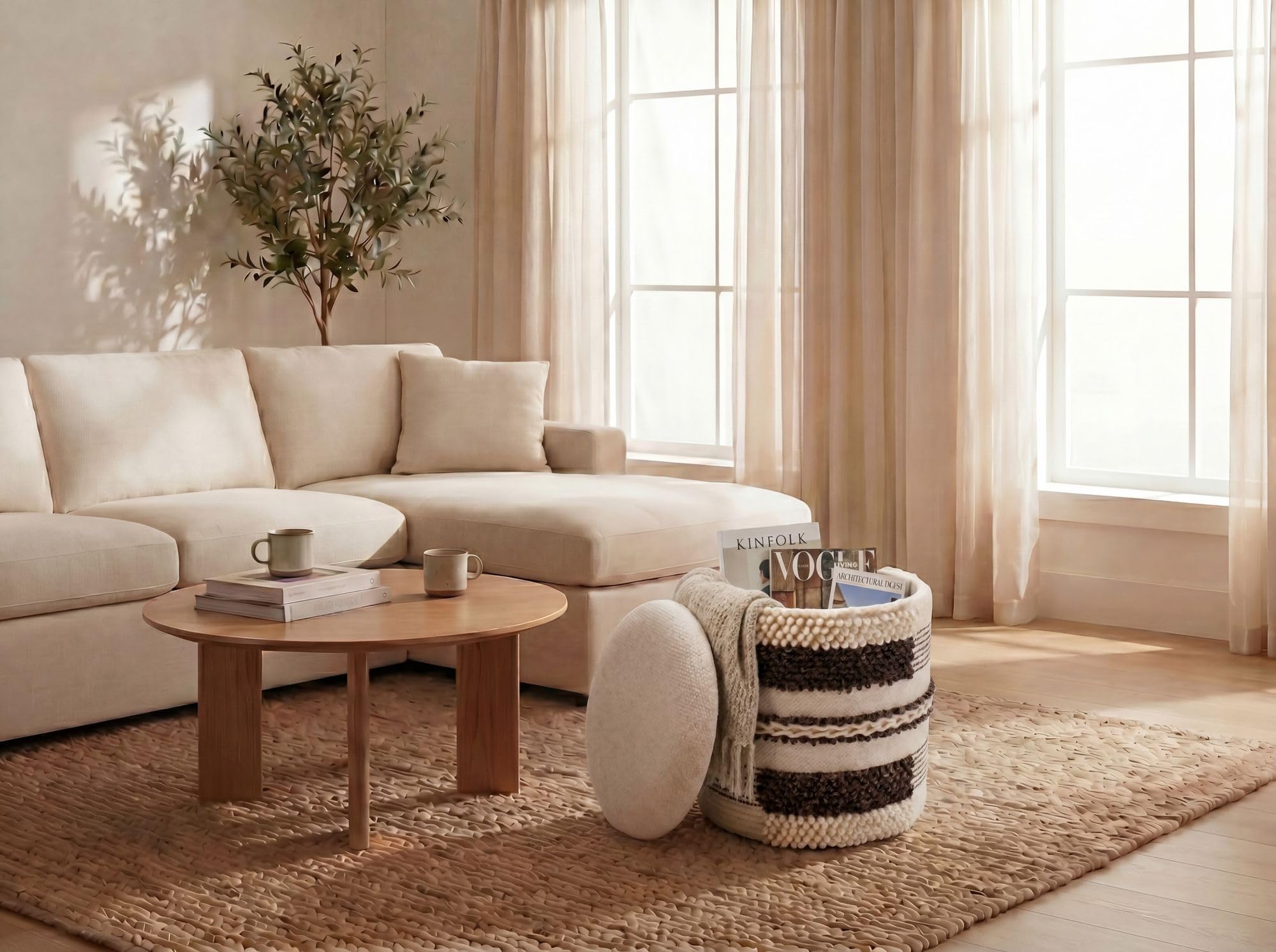 FineBuy Pouf Rotondo 40 cm Lana Beige con Vano Contenitore | pouf imbottito coperchio amovibile, pouf in tessuto in stile boho, sgabello da toeletta fino a 120 kg, artigianale