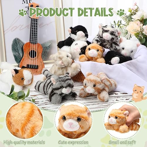 Miniatura 10 de Juego de 10 animales de peluche de gato a granel, suaves y mullidos, varios gatos de peluche para fiestas de cumpleaños, regalo de Halloween,