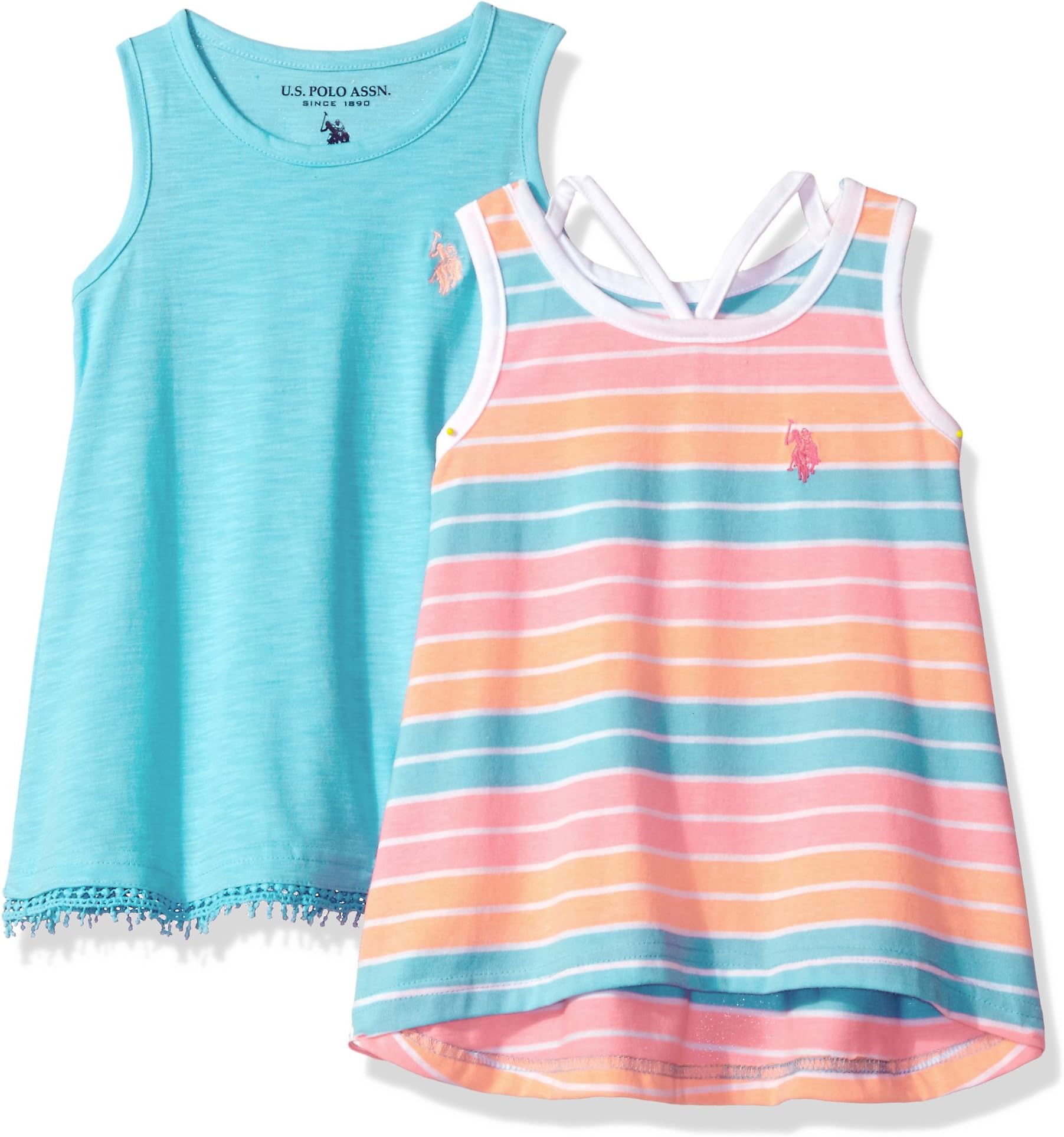 U.S. Polo Assn. Little Girls' 2 Pack Tank Tops, 1 Stripe and 1 Solid, Multi, 6X