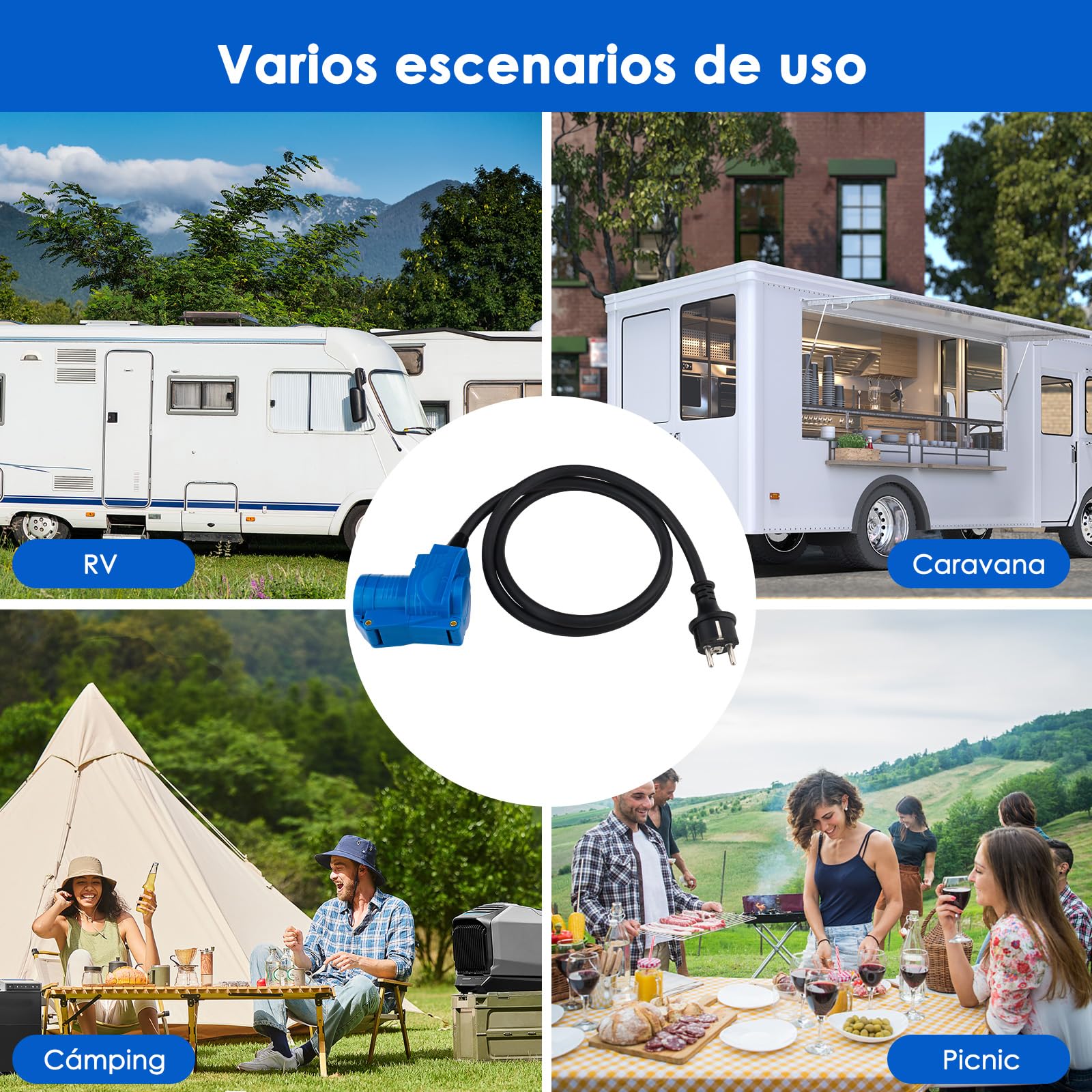 Cable Adaptador CEE acodado con Enchufe a Enchufe de protección de Contacto, Cable de 1,5 m, IP44, 250 V/16 A, 3 Polos, Toma de corriente angular cableable para Camping