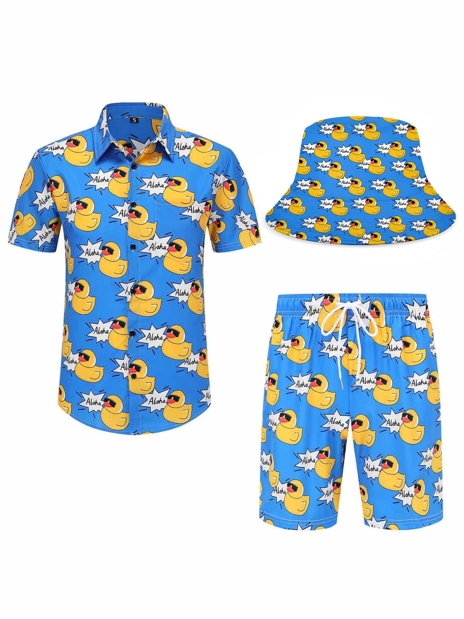 Fjqwklf Unisex 016-Yellow Duck Hot Dog Shirt,Funny Hawaiian Shirts For Men,Men's Shirt And Short Sets,Men's Novelty Button-Down Shirts,013