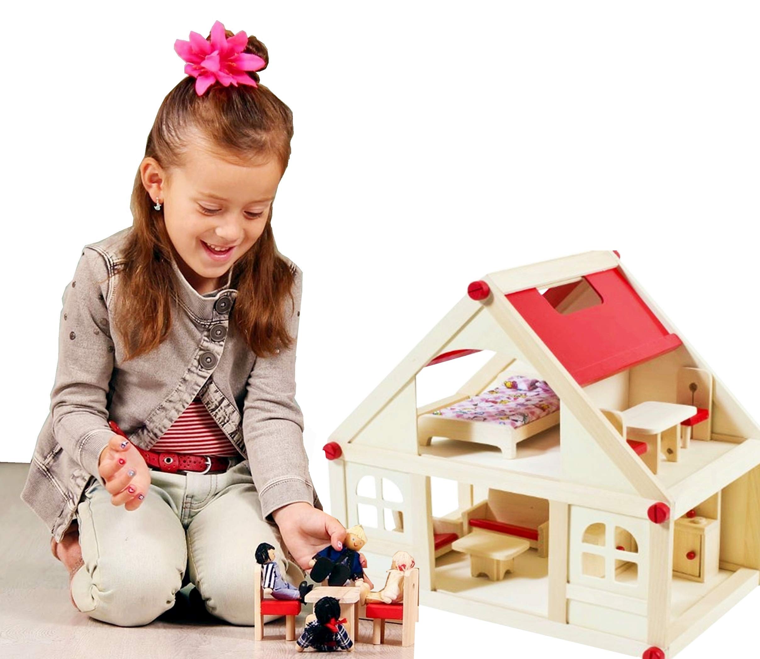 Izzy Casa delle bambole in legno con 2 piani, 4 bambole e 9 mobili | Maniglia per il trasporto (casa delle bambole per bambini con 2 piani, mobili e accessori) - (38 x 27 x 39 cm)