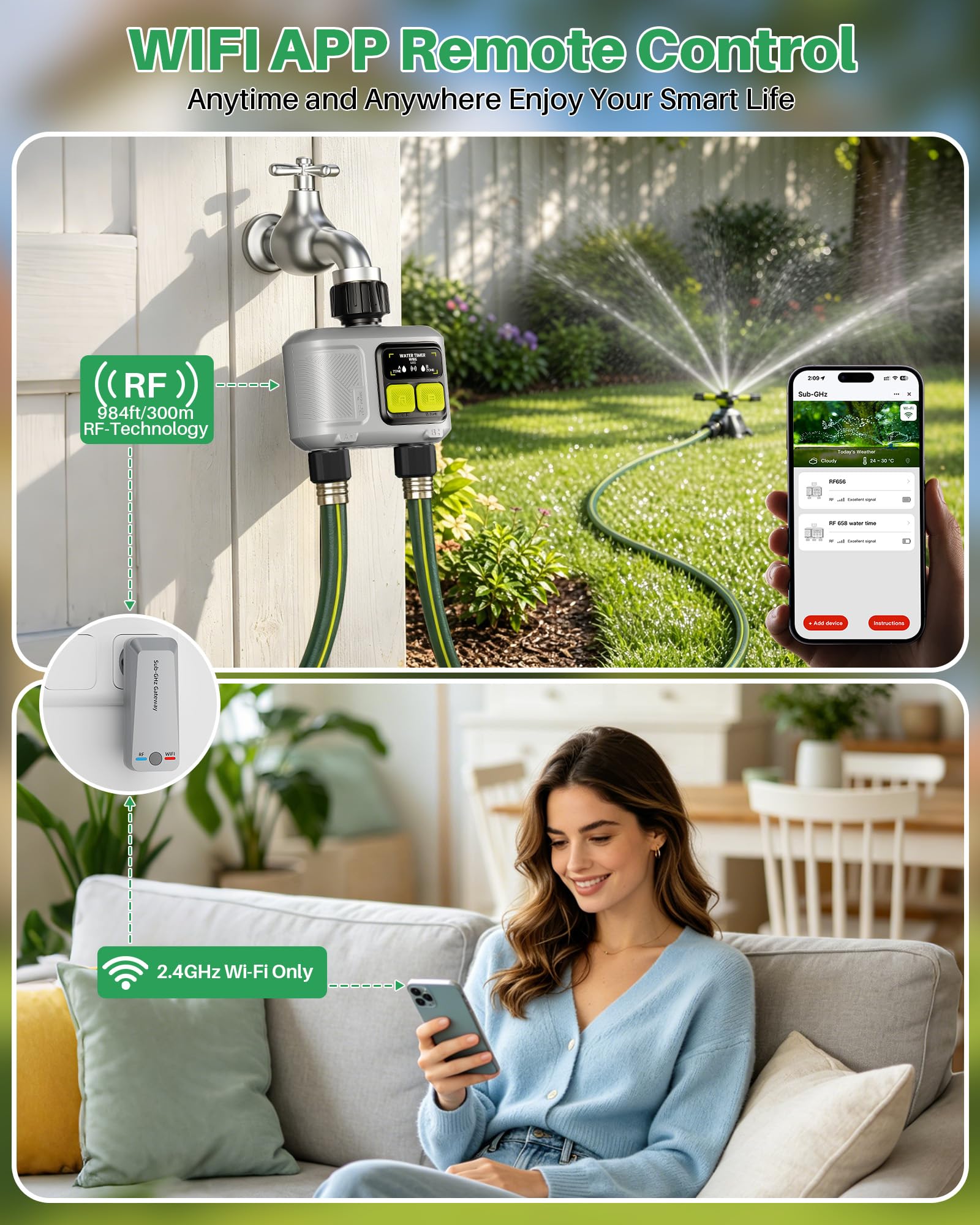Programmateur d'arrosage Wi-Fi 2 sorties intelligent portée RF 300 m commande application voix temporisation pluie arrosage automatique pelouse