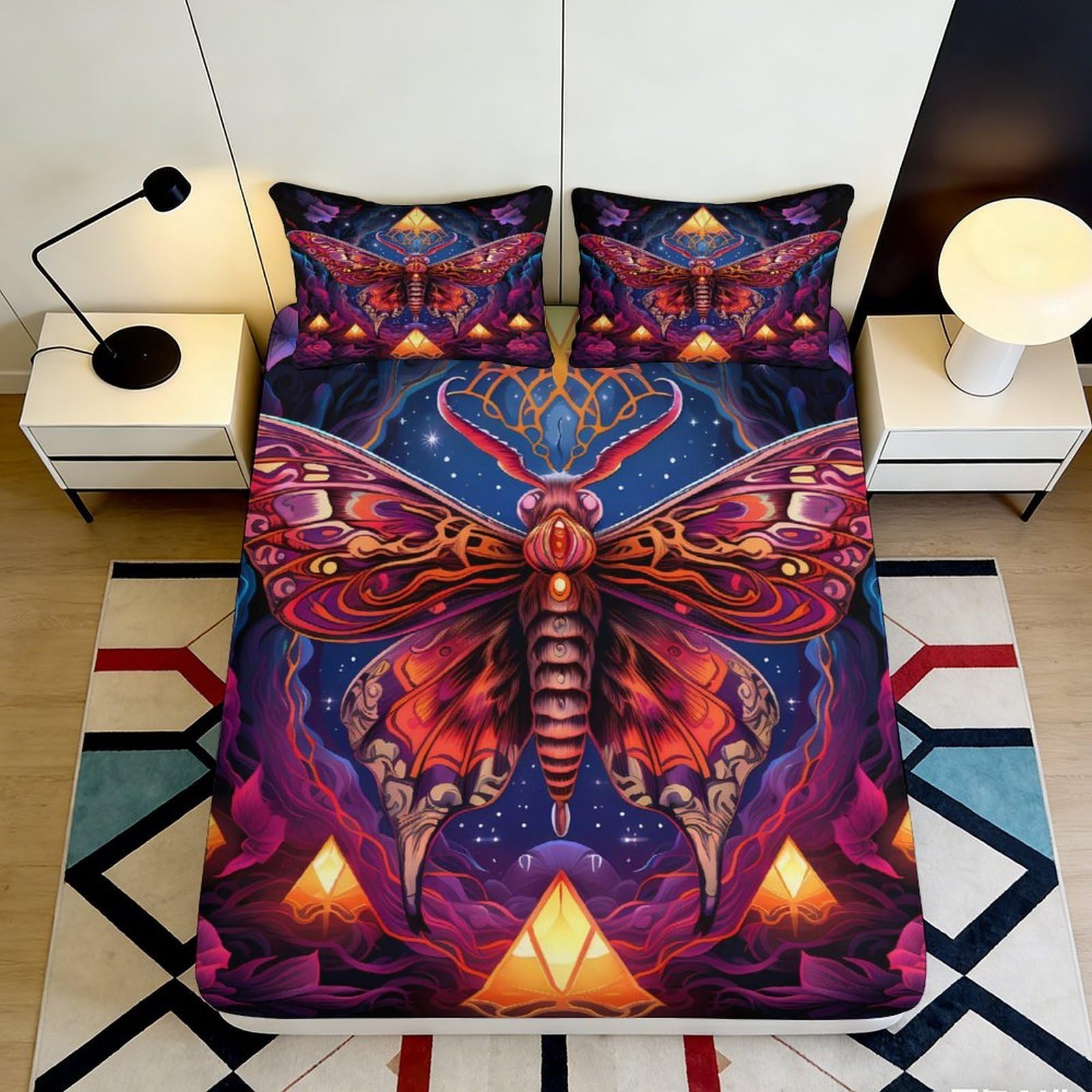 3D Printed Psychedelic Moth Fitted Sheet Microfiber Soft Breathable Geometric Mandala Mattress Cover for Bedroom Dorm Decor 90x200x25cm