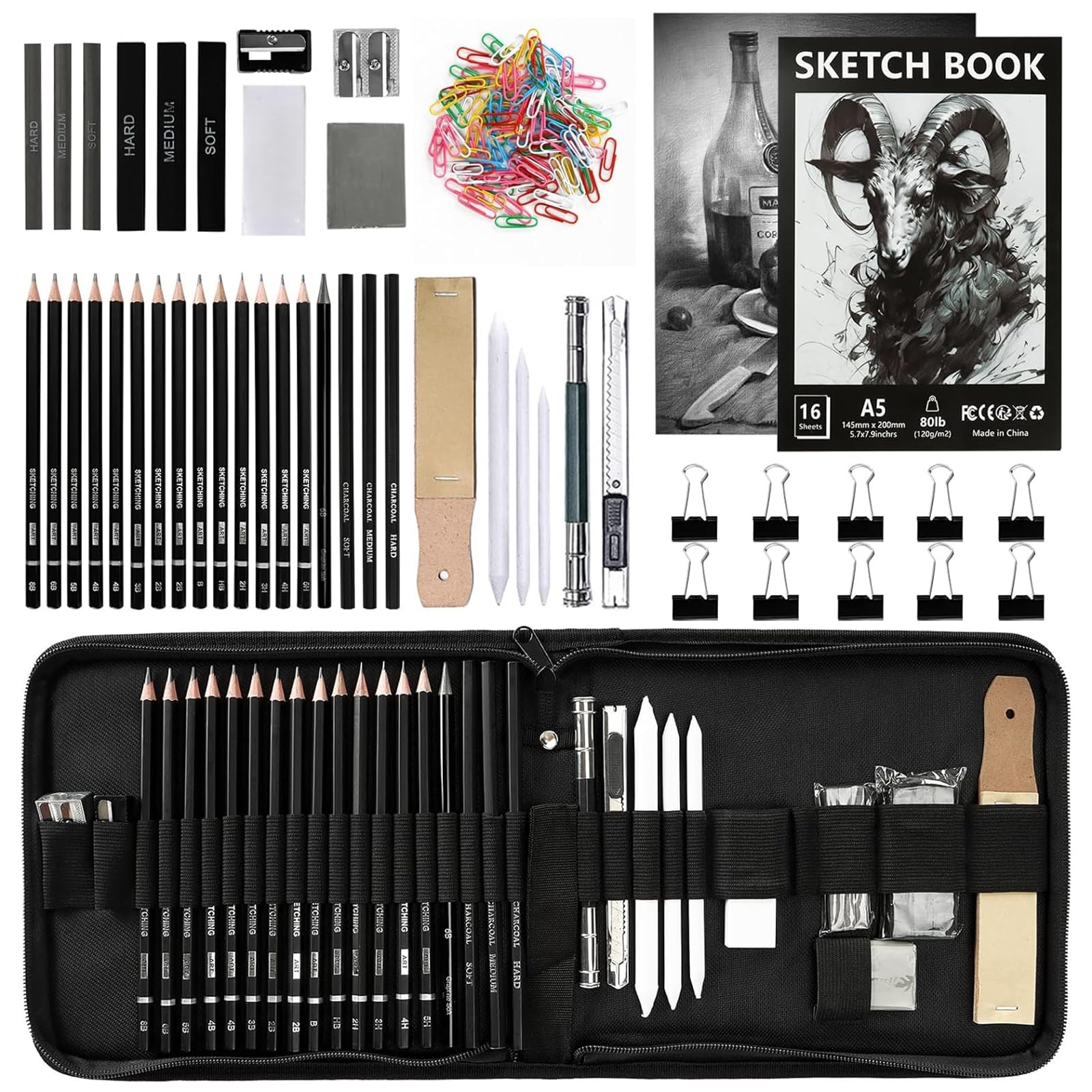 H & B 70 Pack Schetspotlood Set met Schetsboek, Professionele Schetspotloden voor Tekenen, Kunstbenodigdheden voor Volwassenen, Kunstenaars, Beginners