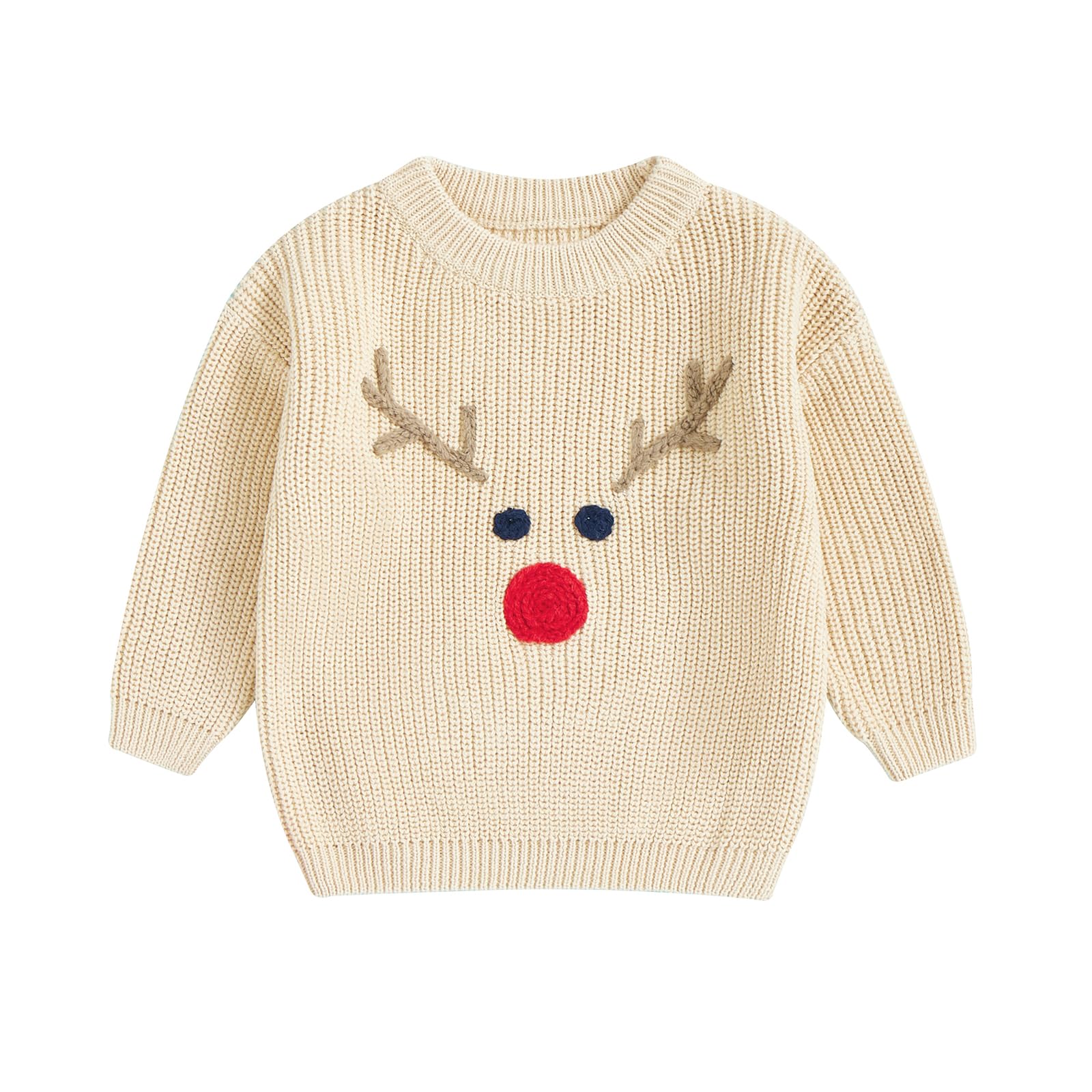 Toddler Baby Girl Boy Christmas Outfit Long Sleeve Reindeer Elk Embroidery Knit Sweater Fall Winter Xmas Clothes (Khaki, 3T)
