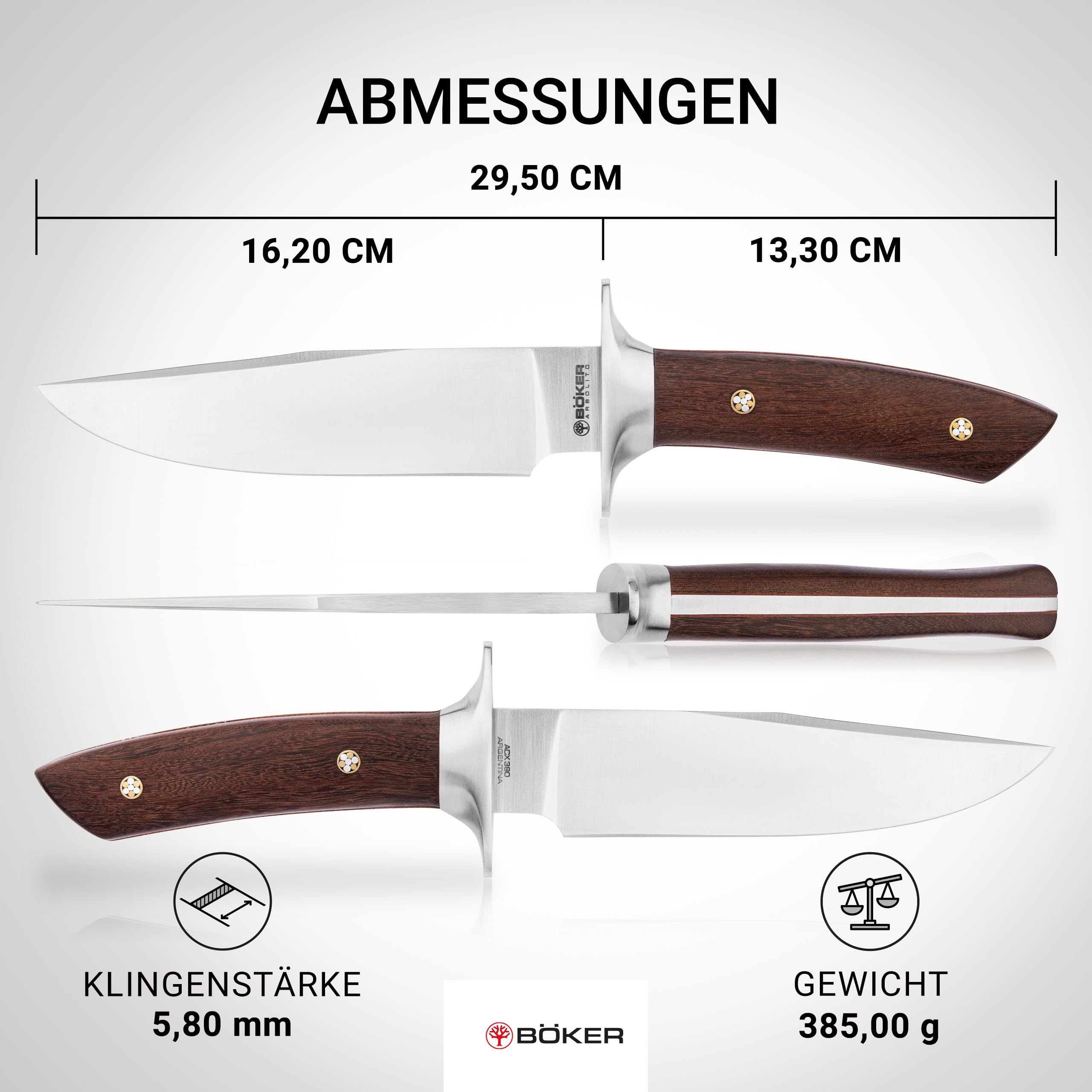 BÖKER ARGENTINIA® Torito GX - klassisches Jagdmesser mit feststehender Klinge 16,2 cm & Holzgriff - Bushcraft Messer mit Leder-Scheide braun - handgemachtes Profi Full Tang Abfangmesser für Outdoor