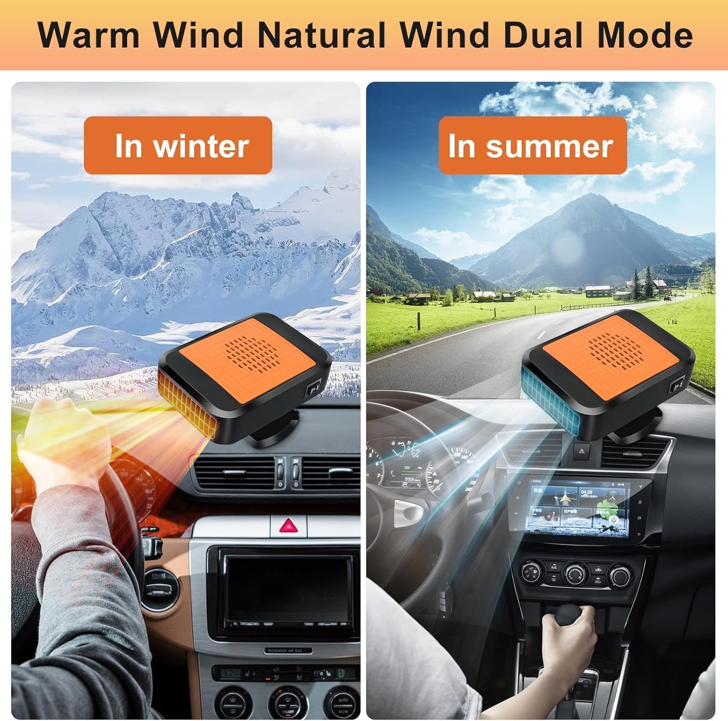 Autoheizung, 12V 200W 2-in-1 Schnelles Heizen und Kühlen, Lüfter, Entfroster, Tragbare Autoheizung zum Anschluss an den Zigarettenanzünder, mit um 360° Drehbarer Basis für alle 12V Autos