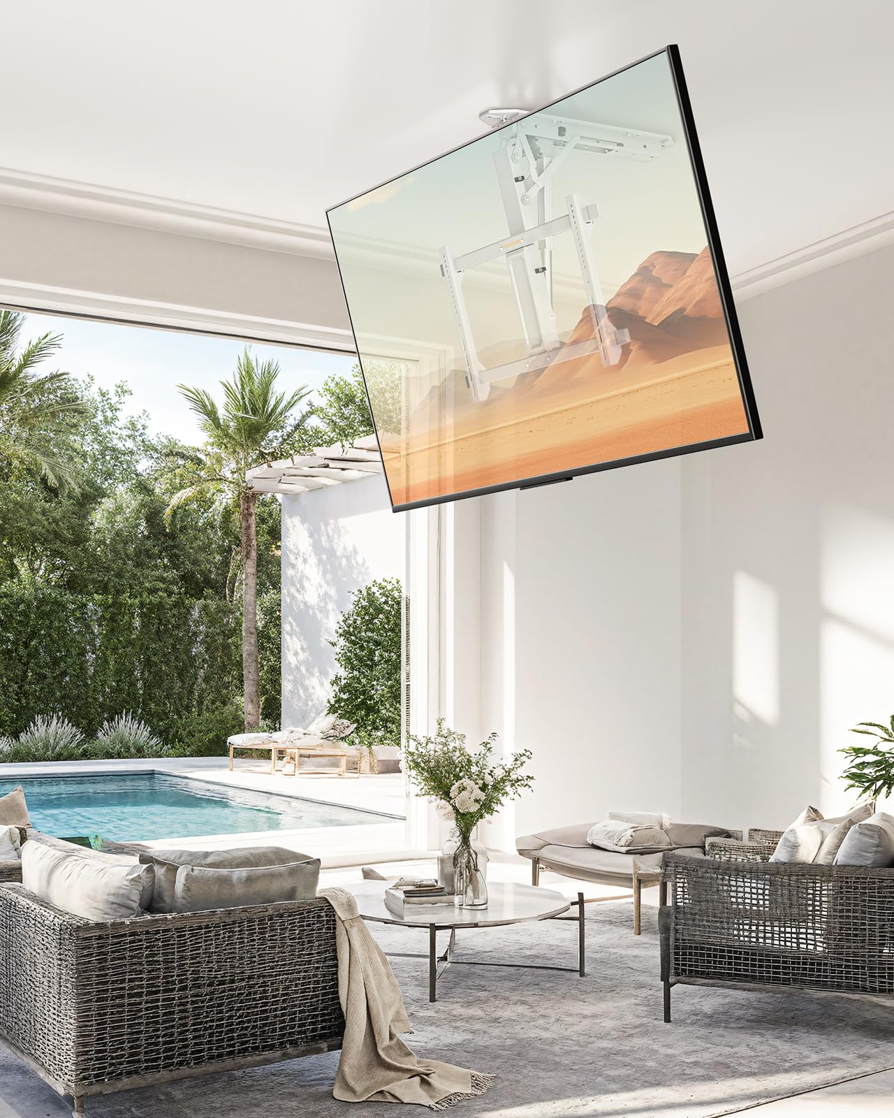 Perlegear Soporte eléctrico de techo para TV con control remoto para televisores de pantalla plana y curvada de 31.3 a 177.8 cm de hasta 88 libras, VESA máximo 600 x 400, soporte de techo motorizado