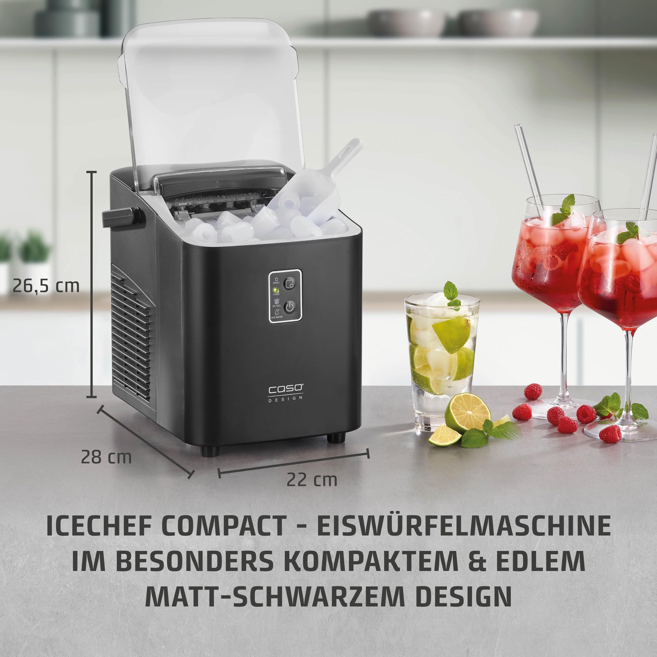 Caso IceChef Compact- Eiswürfelmaschine, schnelle Eiswürfel, Produziert 500g in 1h bzw. 12 kg in 24 h, 1 l Wassertank, Selbstreinigungsfunktion, Eiswürfelbereiter mit Tragegriff, inkl. Eisschaufel