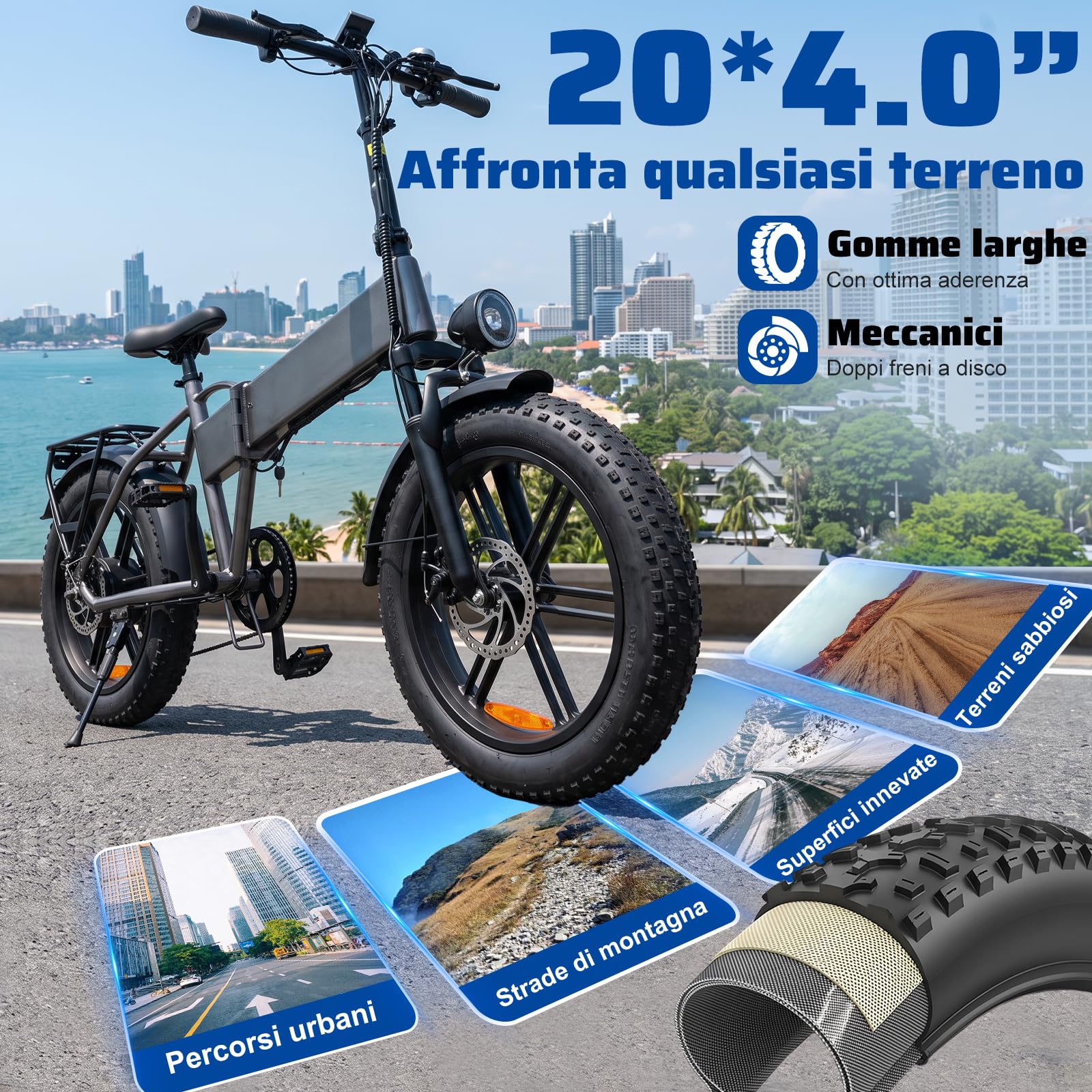 Bici Elettrica Pieghevole 20*4" Fat Tire Removable Battery 48V 13Ah 250W