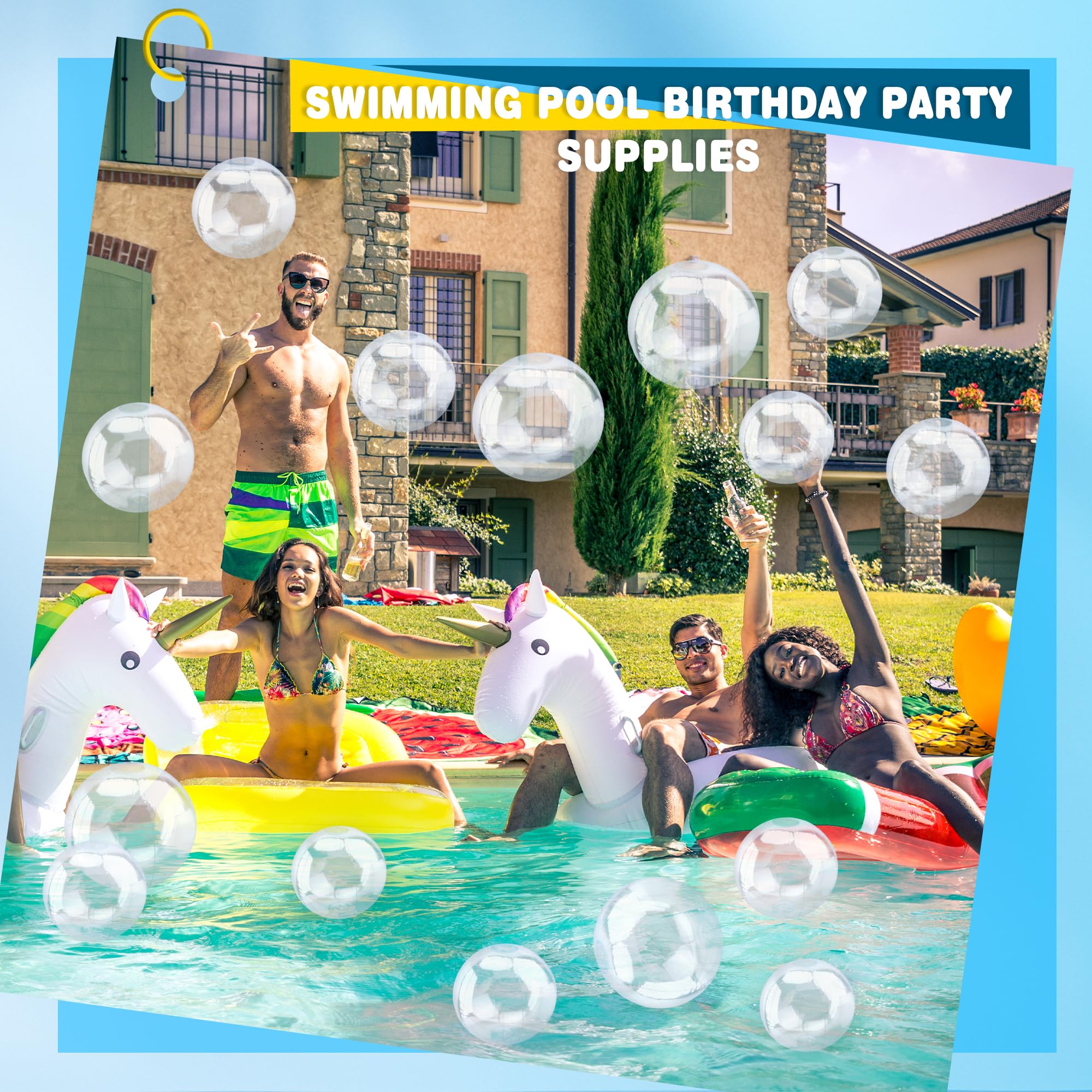 Paquete de 30 pelotas de playa inflables transparentes de 8 pulgadas, 12 pulgadas, 16 pulgadas, bolas de piscina transparentes a granel con cuerda para colgar para suministros de fiesta en la
