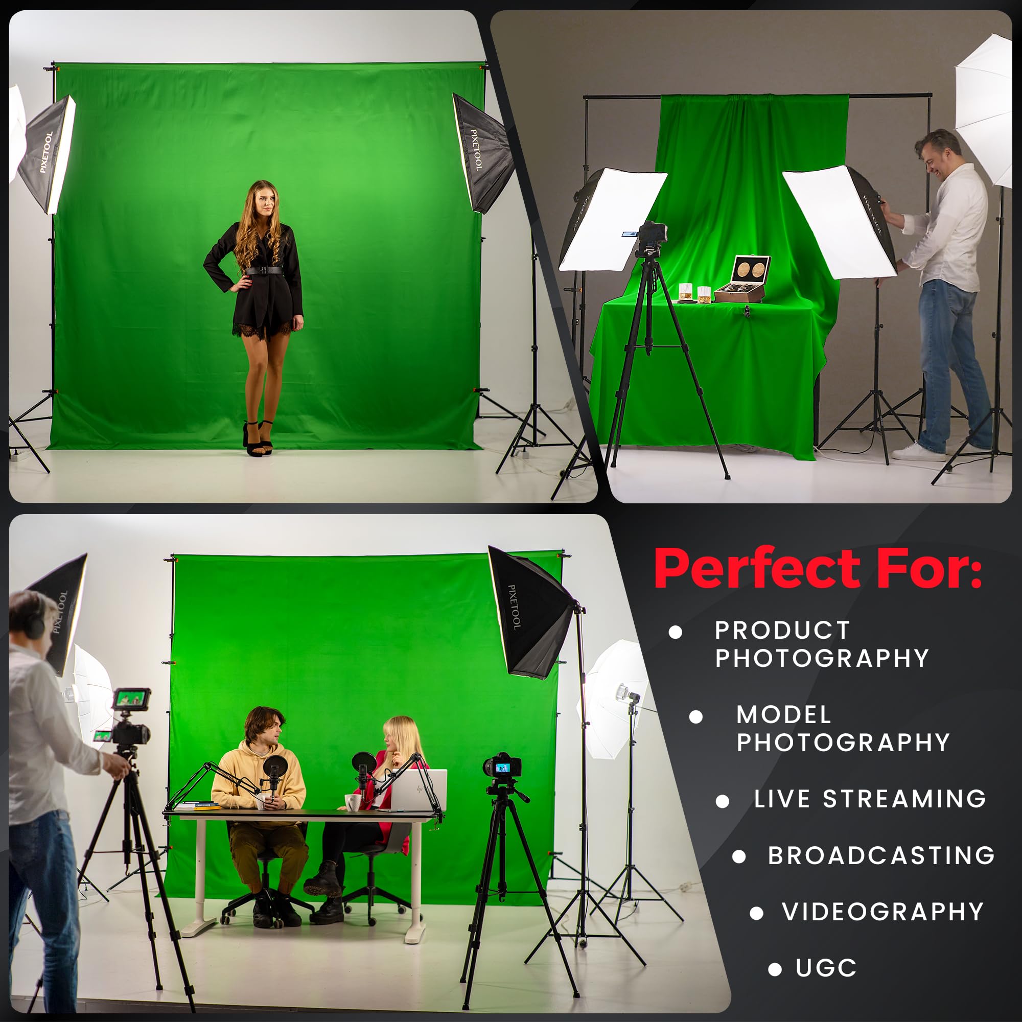 Zestaw do Studia - Greenscreen (3 x 3 m) z Stojakiem - Softbox z Lampami - Tło Fotograficznego - Reflektor - Akcesoria do Gier, Streamingu, Fotografii