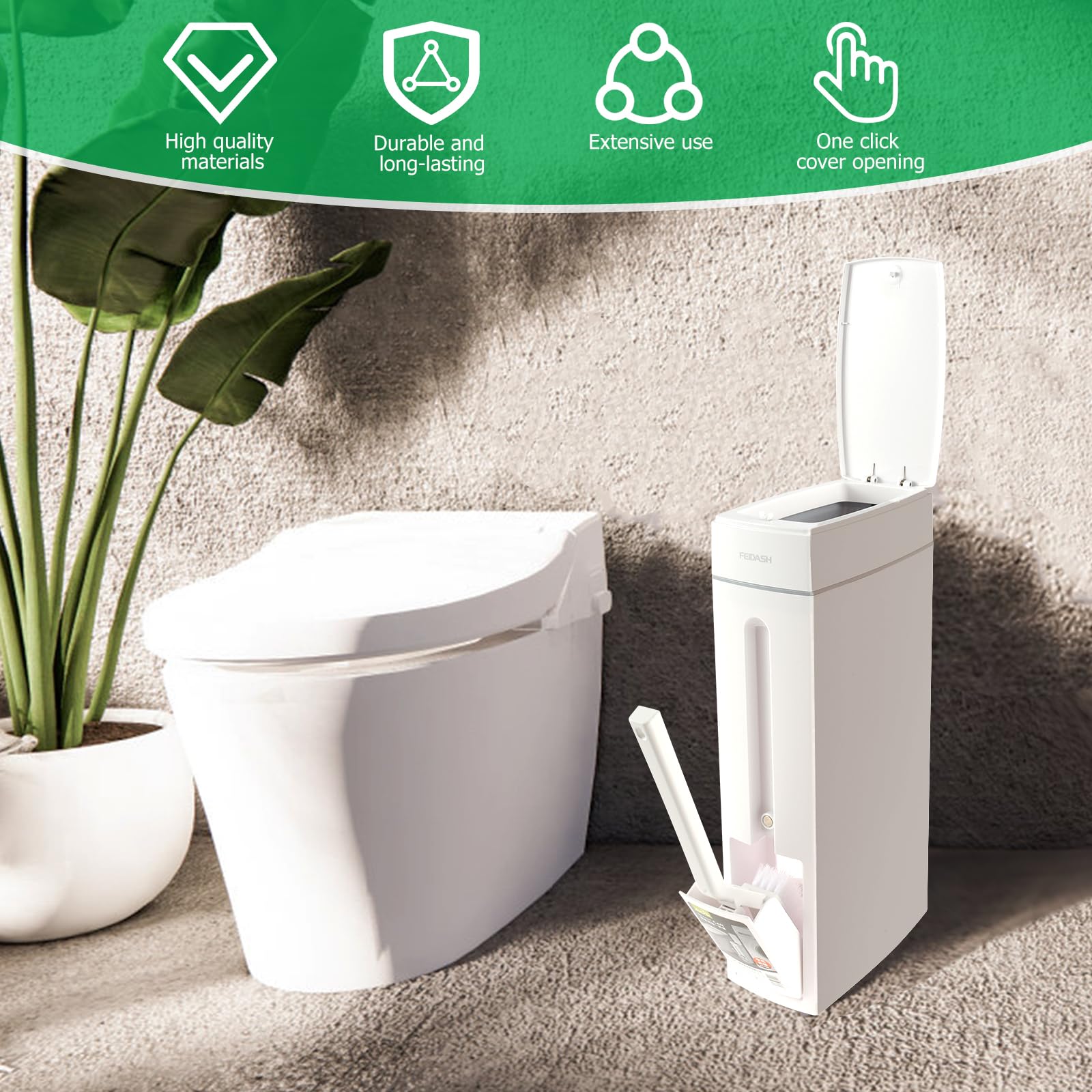 KTZCTPCA Bathroom Trash Can and Toilet Brush Set, Narrow Slim Can With Pop-up Lid, Modern White Mini Rectangular Bin for Limited Small Space
