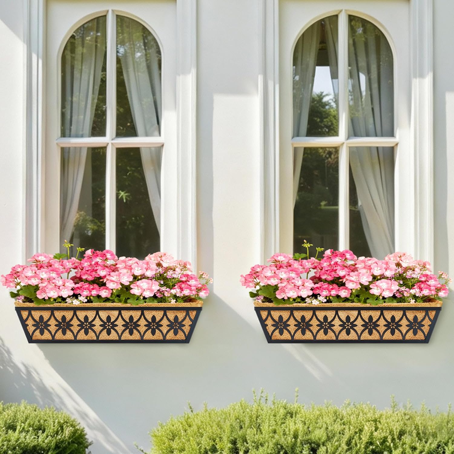 24 Inch Window Boxes Planters Railing Planter Box - 2 Pack Deck Railing Planter Boxes with Adjustable Brackets Coco Liners Balcony Planters Railing Hanging for Window Flower Boxes Outdoor Garden Decor