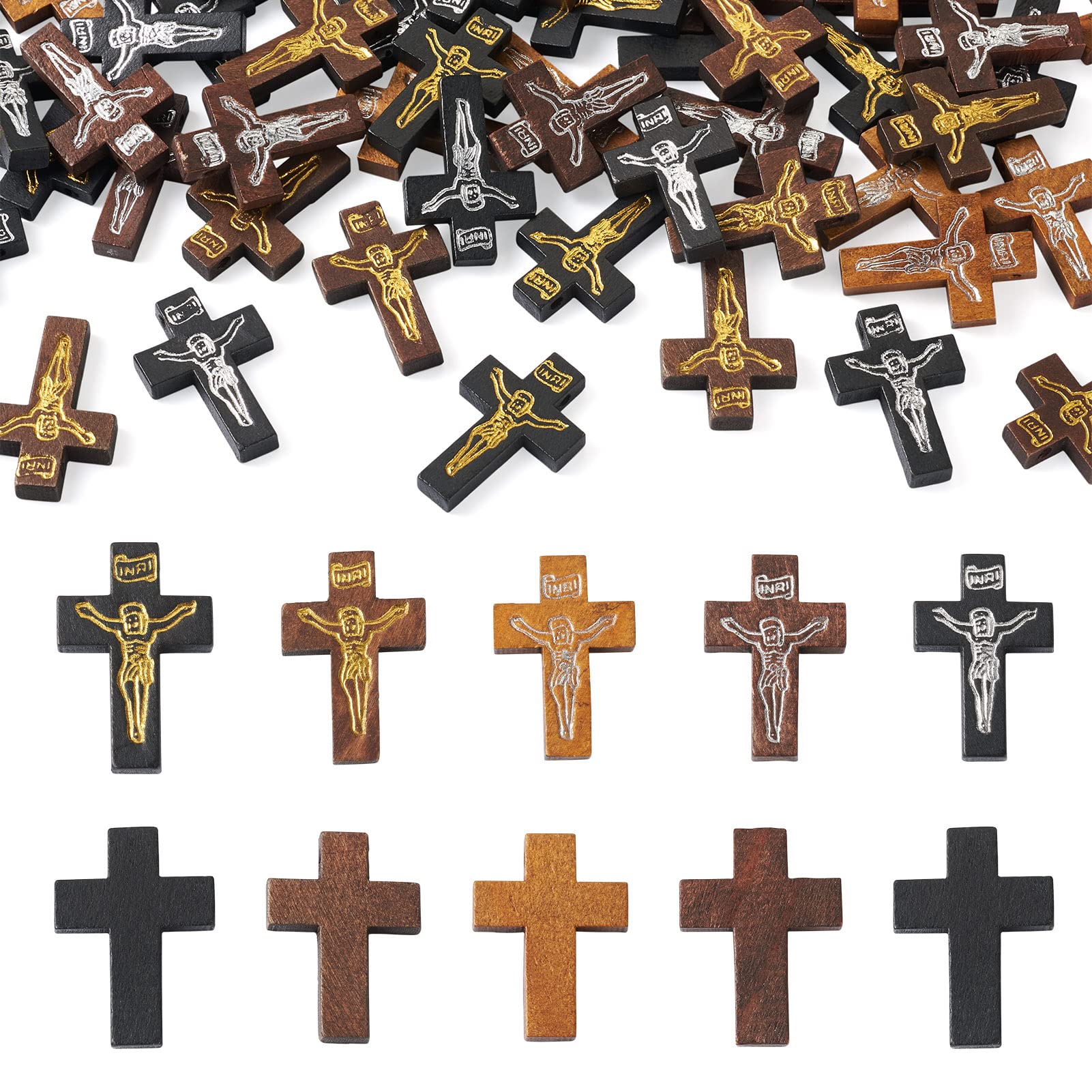 Cheriswelry 100pcs Wood Cross Charms Pendants Mini Crucifix Cross Wooden Beads Charms for Easter Prayer Sunday School Jewellery Making