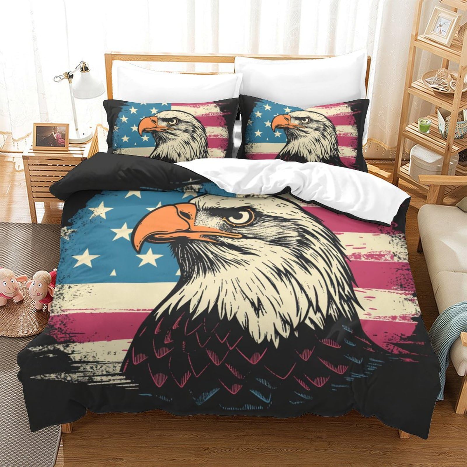 Housse de couette aigle 200x200 microfibre lit double avec taie d'oreiller visual art fermeture éclair