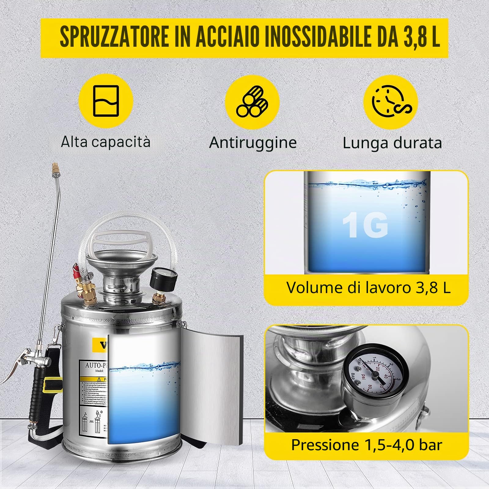 Vevor - Spruzzatore in acciaio inox, da giardino, nebulizzatore per piante per giardinaggio, casa e pulizia a pavimento, adatto per le esigenze attuali dell'industria, dell'agricoltura