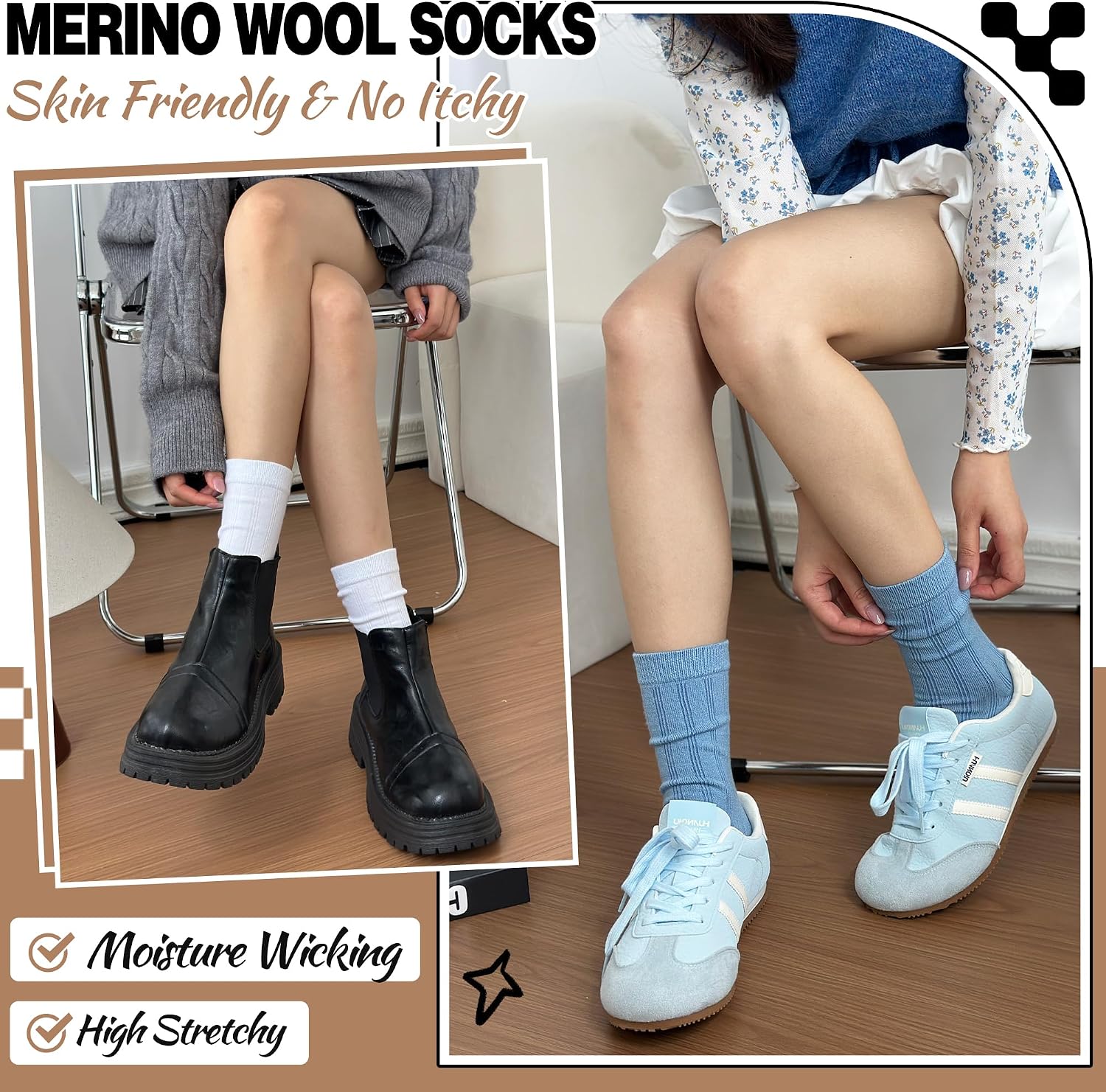MOGGEI Thin Merino Wool Boot Socks Warm Winter Cozy Comfy Breathable Work Casual Socks for Women 5 Pairs image 4