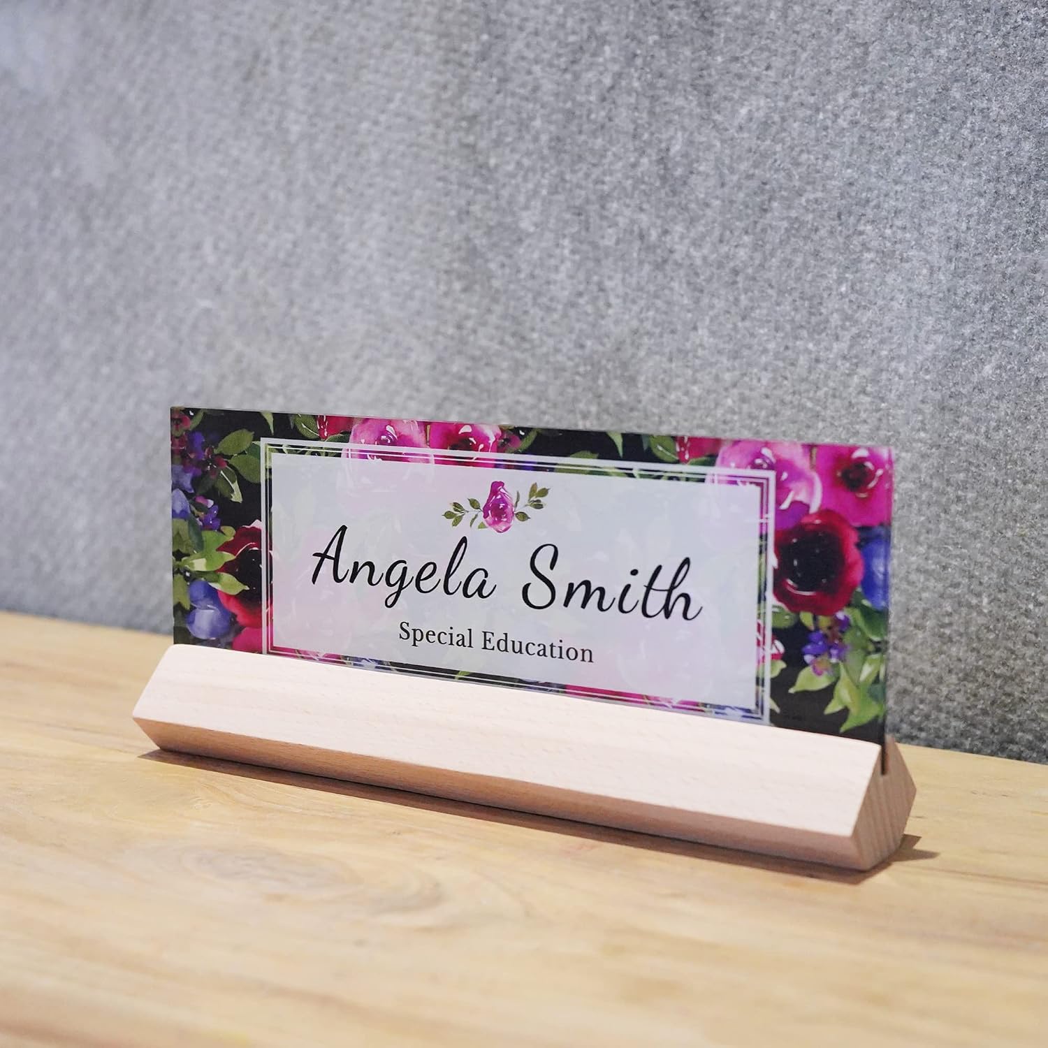 Desk Name Plate Personalized Wood Holder Office Name Plates for Desks Teacher Name Plate Acrylic Desk Decorations Nurse Appreciation Gifts…(Beech, Garden)