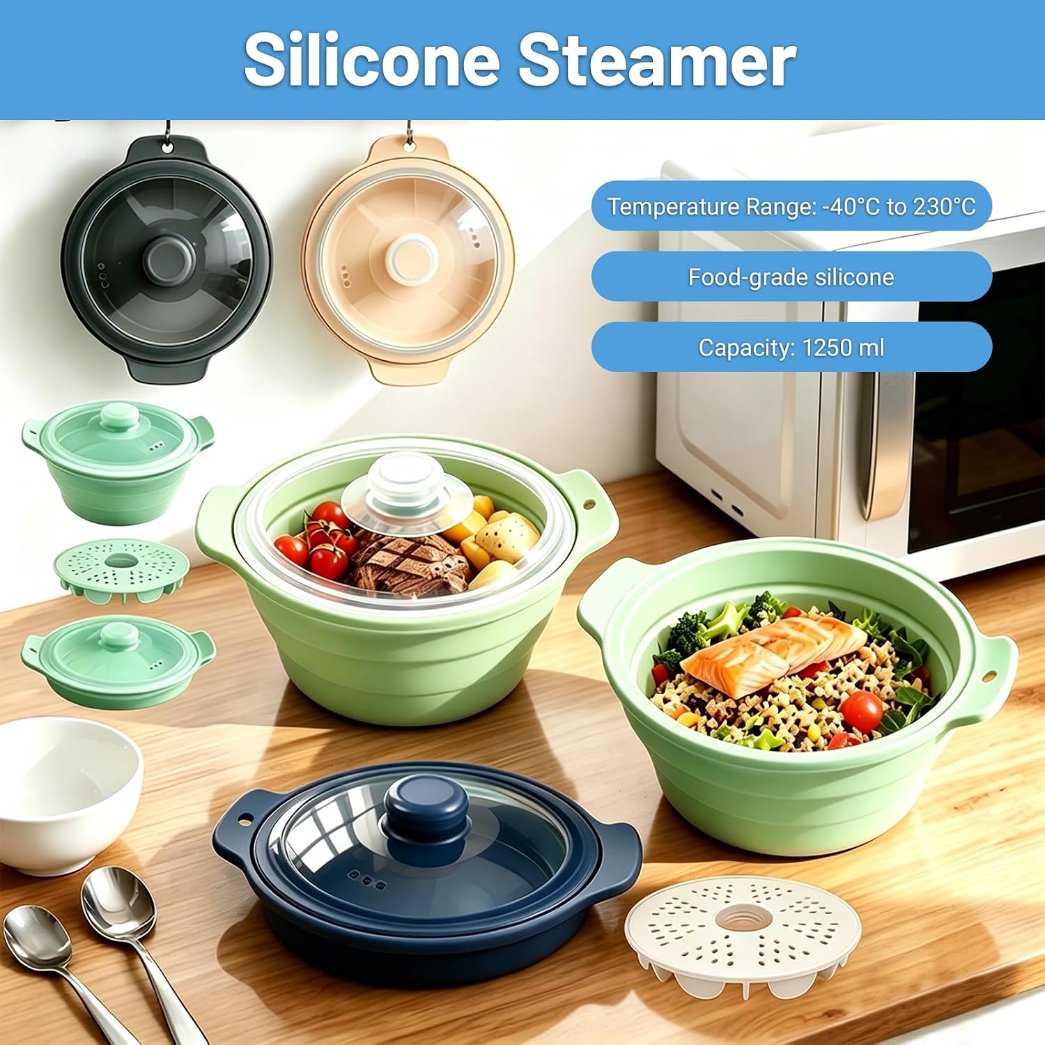 Microwave Vegetable Steamer, 42oz Large Collapsible Silicone Steamers With Lid & Removable Rack, Food-grade Veggie Steamer Basket for Cooking Fresh & Frozen Vegetables Dumplings Buns Prep Meal, Dishwasher Safe
