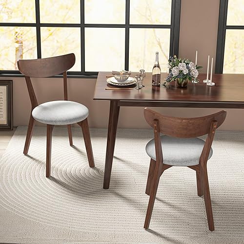 Miniatura 8 de ERGOMASTER Juego de 2 sillas de comedor de madera de nogal, sillas laterales de tela suave para sala de estar con respaldo curvado y estructura de