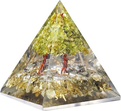 Crocon Pirámide de cristal de labradorita de orgón rellena con árbol de peridoto para curación de reiki, bonsái, árbol del dinero, cristales de