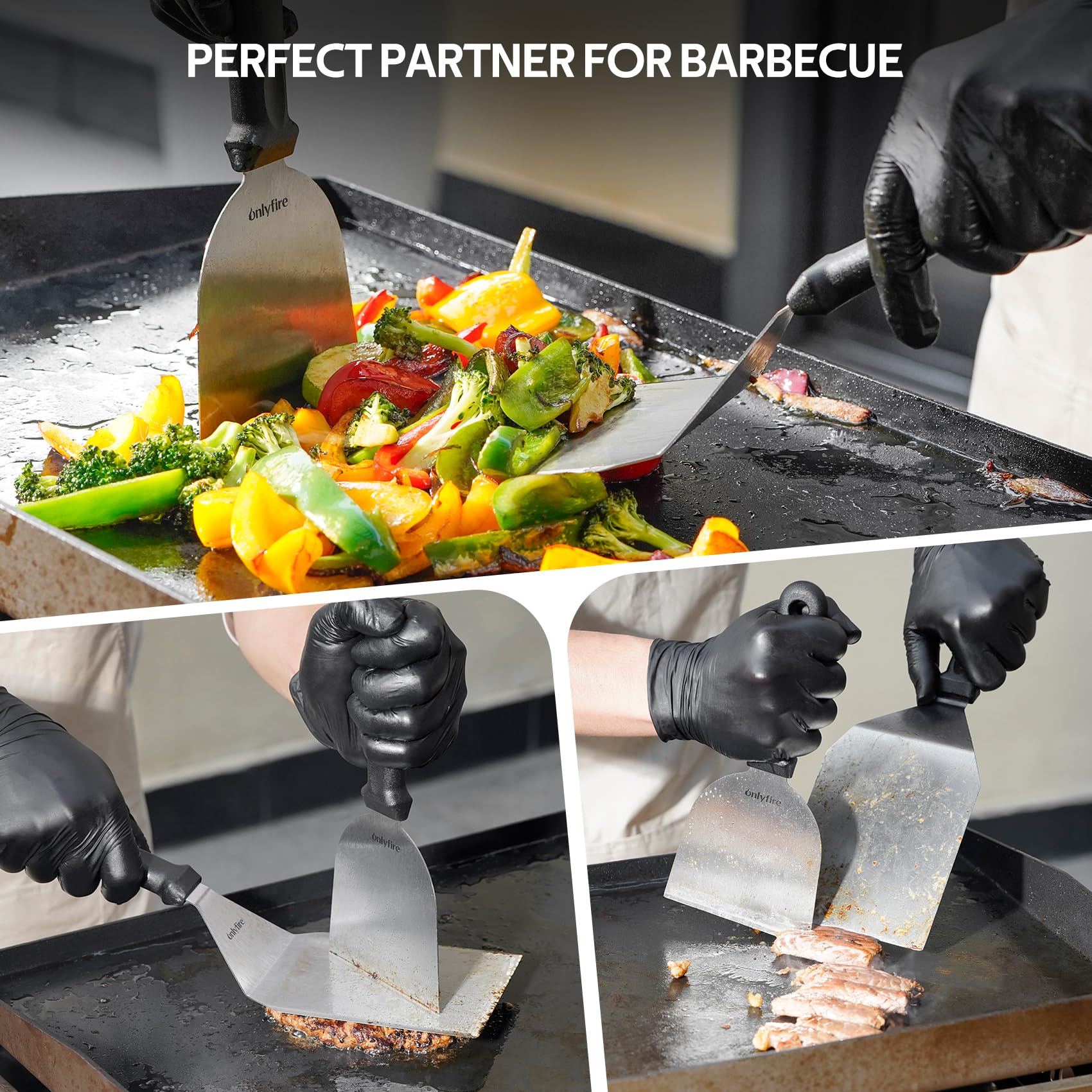 onlyfire Set di Spatola 4pcs Kit Utensili Barbecue per Teppanyaki, Smash Burger Pressa per Hamburger in Ghisa, Spatola per Piastra, Raschietto per Barbecue e Pinze da Cucina, Kit Utensili Barbecue