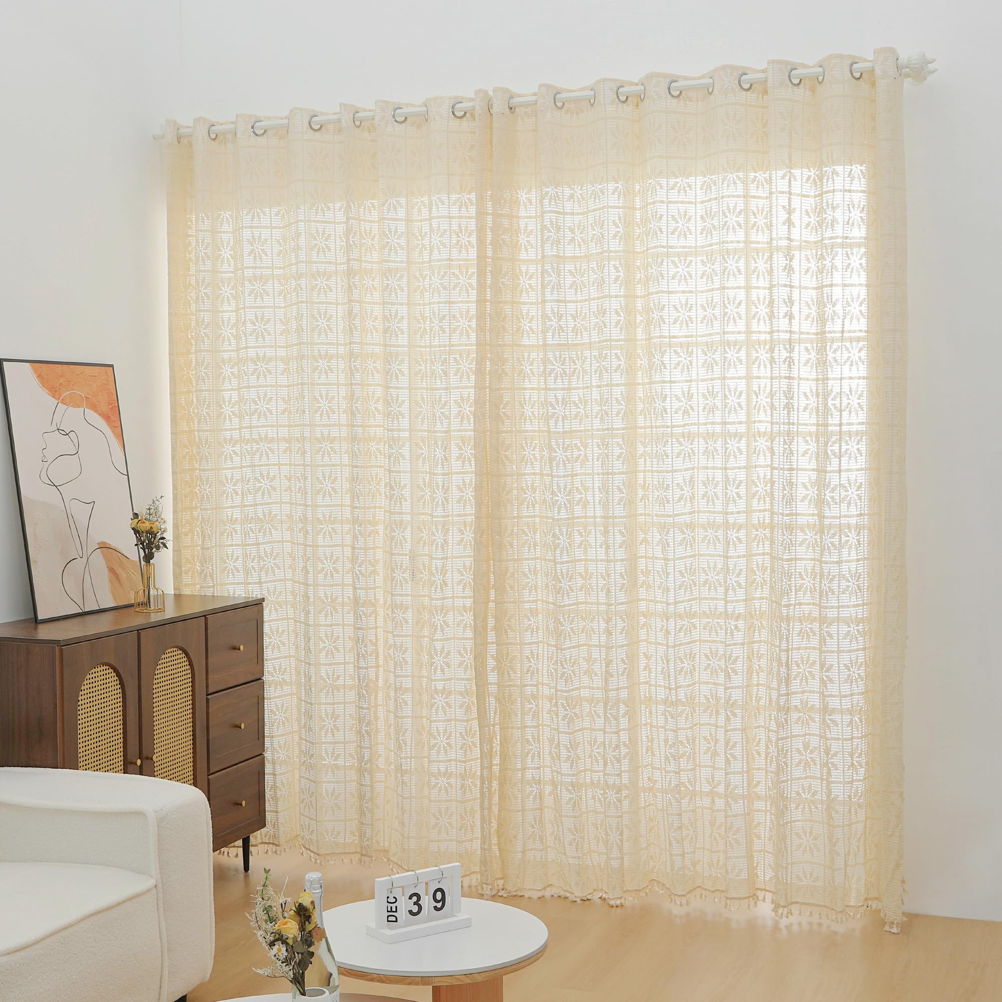 RUIXUAN Lot de 2 rideaux bohèmes vintage - Style maison de campagne - En coton - Beige - Avec pompon - Pour salon, chambre à coucher - 150 x 230 cm (l x H)