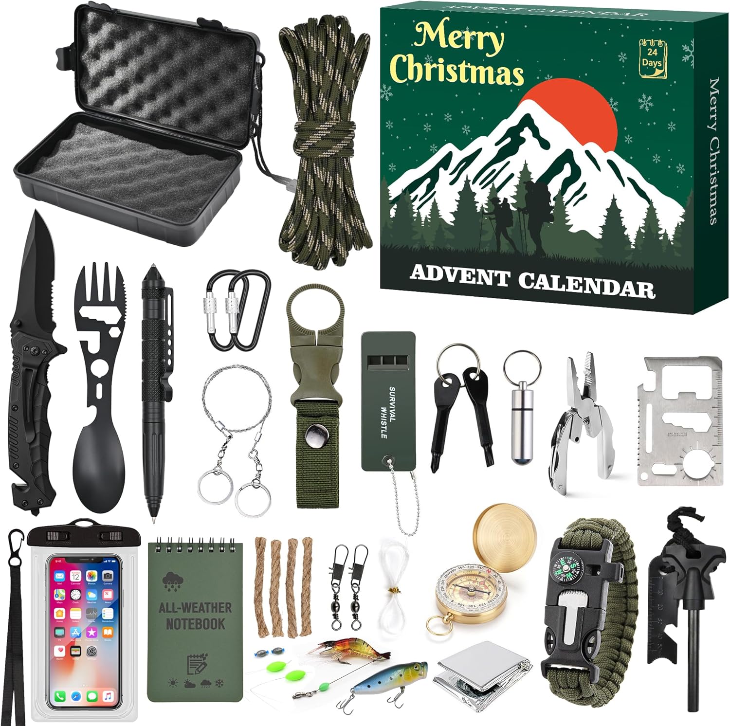 Survival Kit Advent Calendar 2025, 24 Days Christmas Countdown Calendar for Men Adult Teen, Emergency Survival Gear Gift for Outdoor Camping, Fishing, Hunting, Hiking Adventures