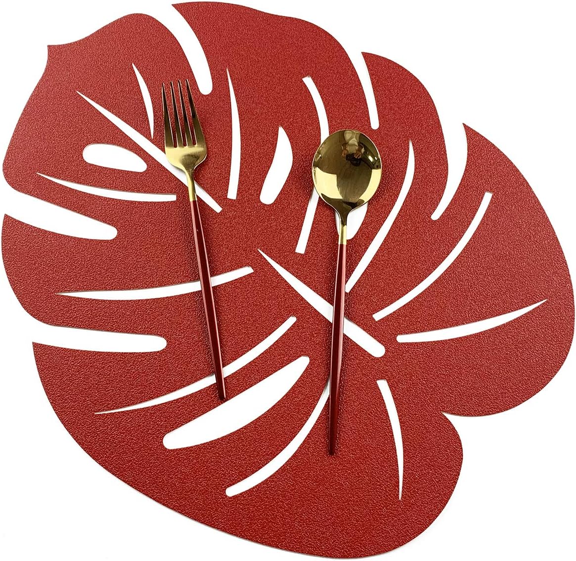 JASHII Pressed Vinyl Metallic Placemats Insulation Placemat Table Mats, PU Leather Stain Set of 6, Wedding Accent Centerpiece Leaf Shape (Red)