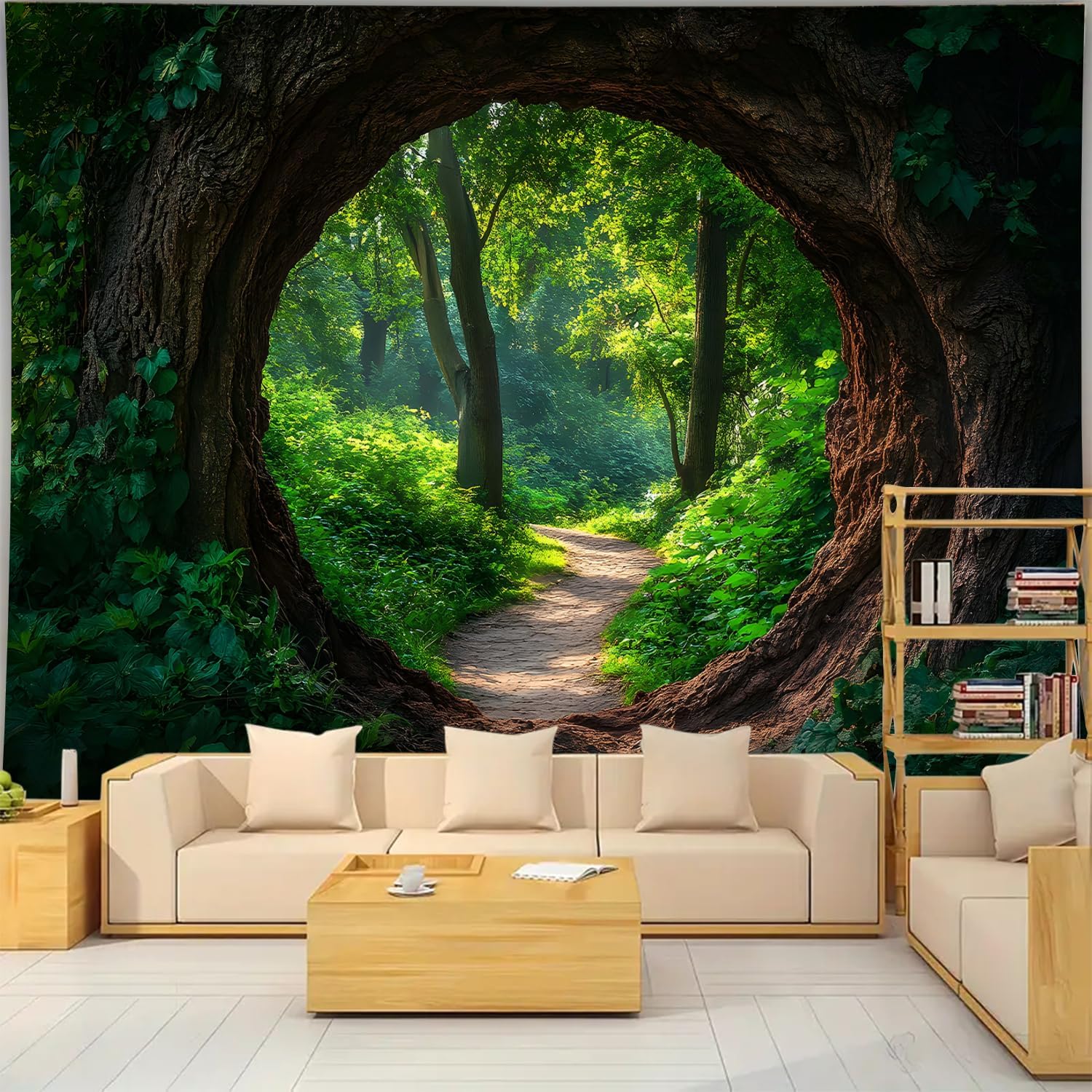 BSFHH Nature Tapestry Forest Tree Sea Cave Wall Hanging, Stream Through Rainforest Landscape Wall Art Poster for Bedroom Living room