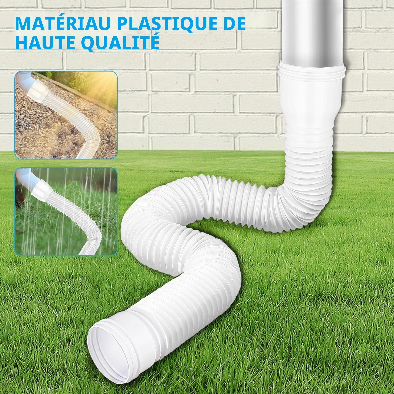 Lot de 2 rallonges flexibles de gouttière, rallonge ronde pour tuyau de descente 80/100 mm, extension de gouttière, extension de 47 à 150 cm, pour gazon/avant-toit (blanc)