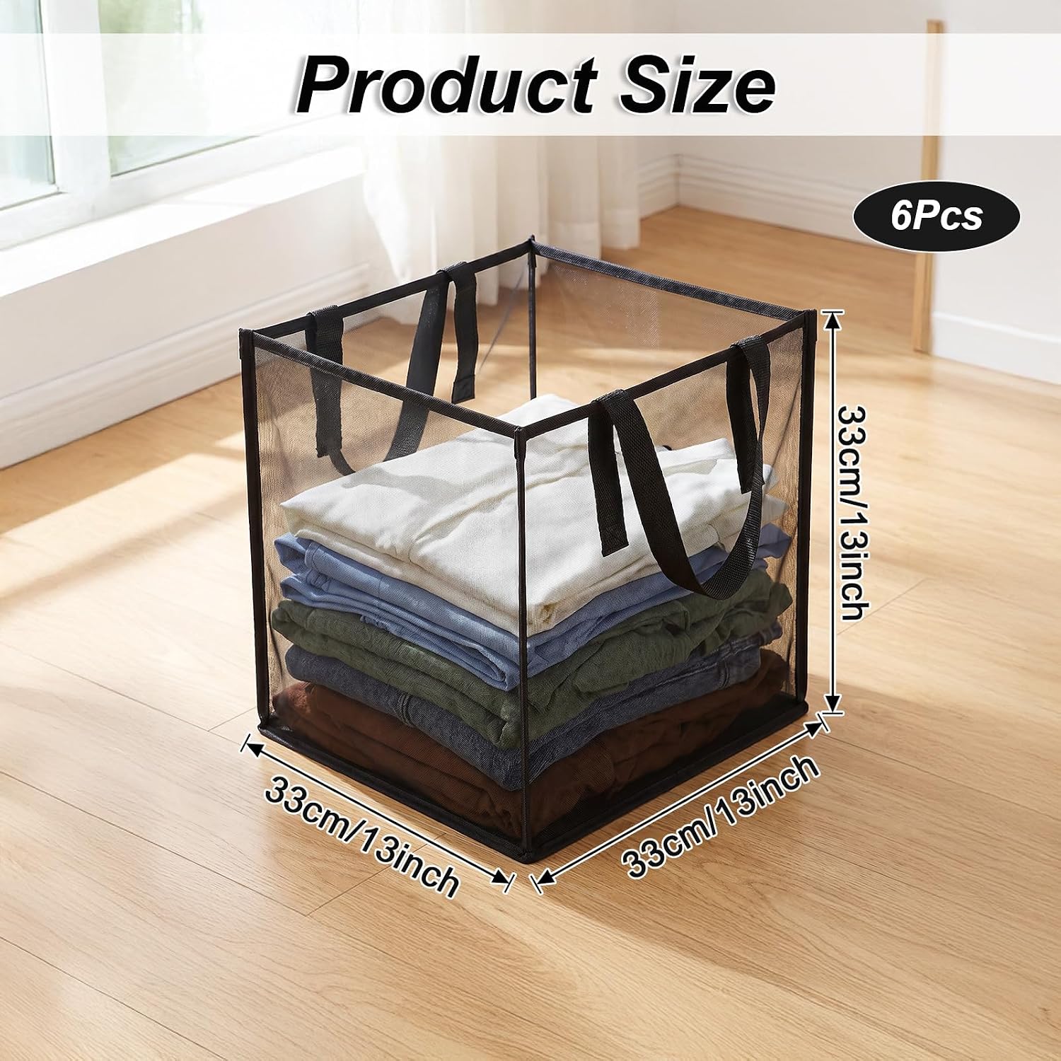 6 Pack Pop Up Laundry Baskets, 13 Inch Mesh Popup Clothes Hampers, Portable Foldable Dirty Clothes Bin with Handles for Home Dorm Travel Storage, Black