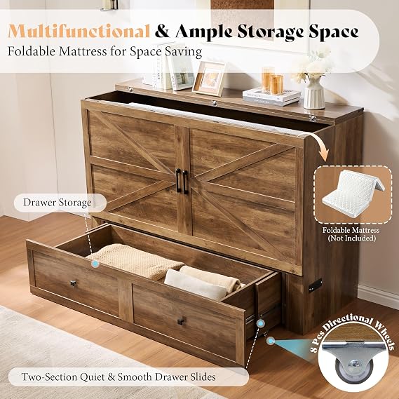 AMERLIFE Full Murphy Bed with Storage & Charging Station | Barnwood Wood Murphy Cabinet, Farmhouse Foldable Platform Bed, Large Drawer, Noisy Free, Guest Bedroom & Living Room