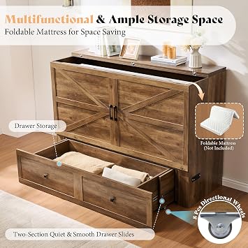 AMERLIFE Full Murphy Bed with Storage & Charging Station | Barnwood Wood Murphy Cabinet, Farmhouse Foldable Platform Bed, Large Drawer, Noisy Free, Guest Bedroom & Living Room