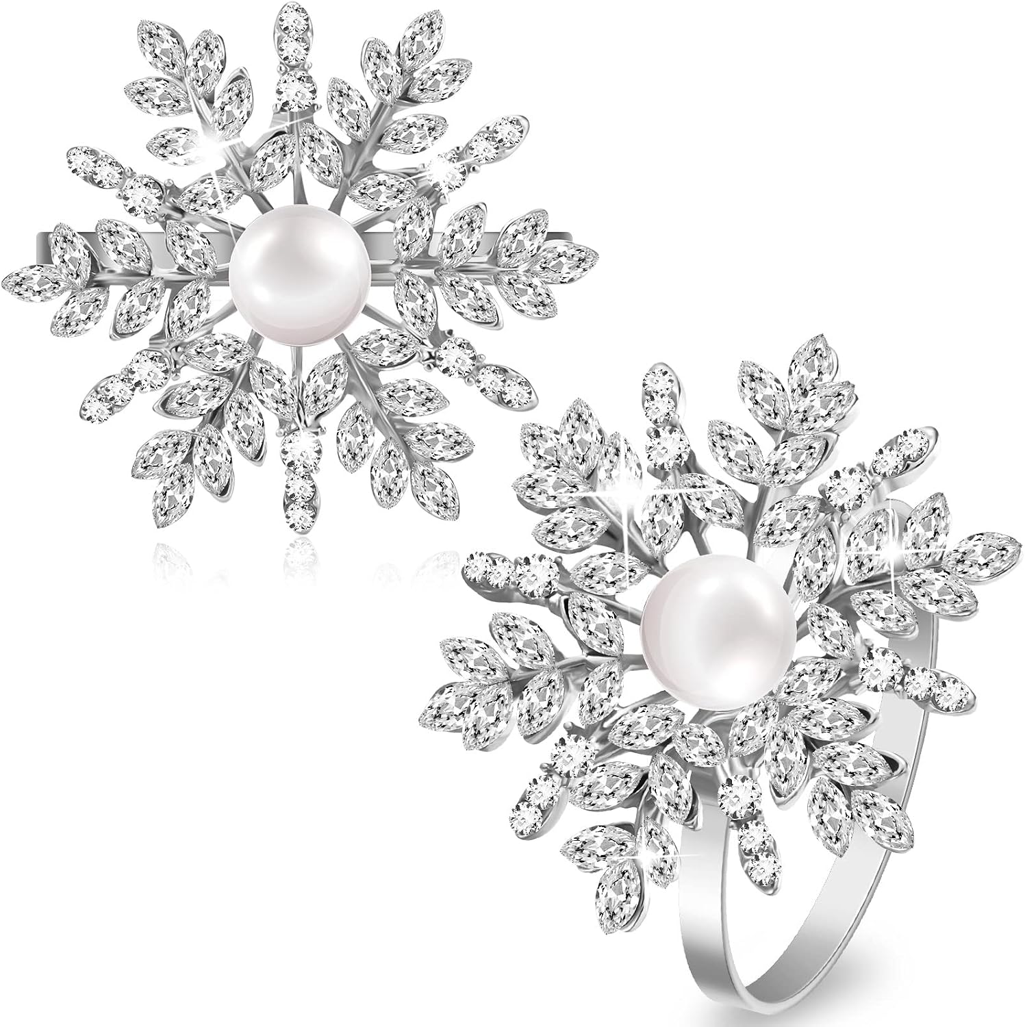 Patelai 12 Pieces Snowflake Napkin Ring Napkin Holder Napkin Ring Buckle Rhinestone Pearl Metal Napkin Rings Holder Serviette Ring for Table Decor (Silver)