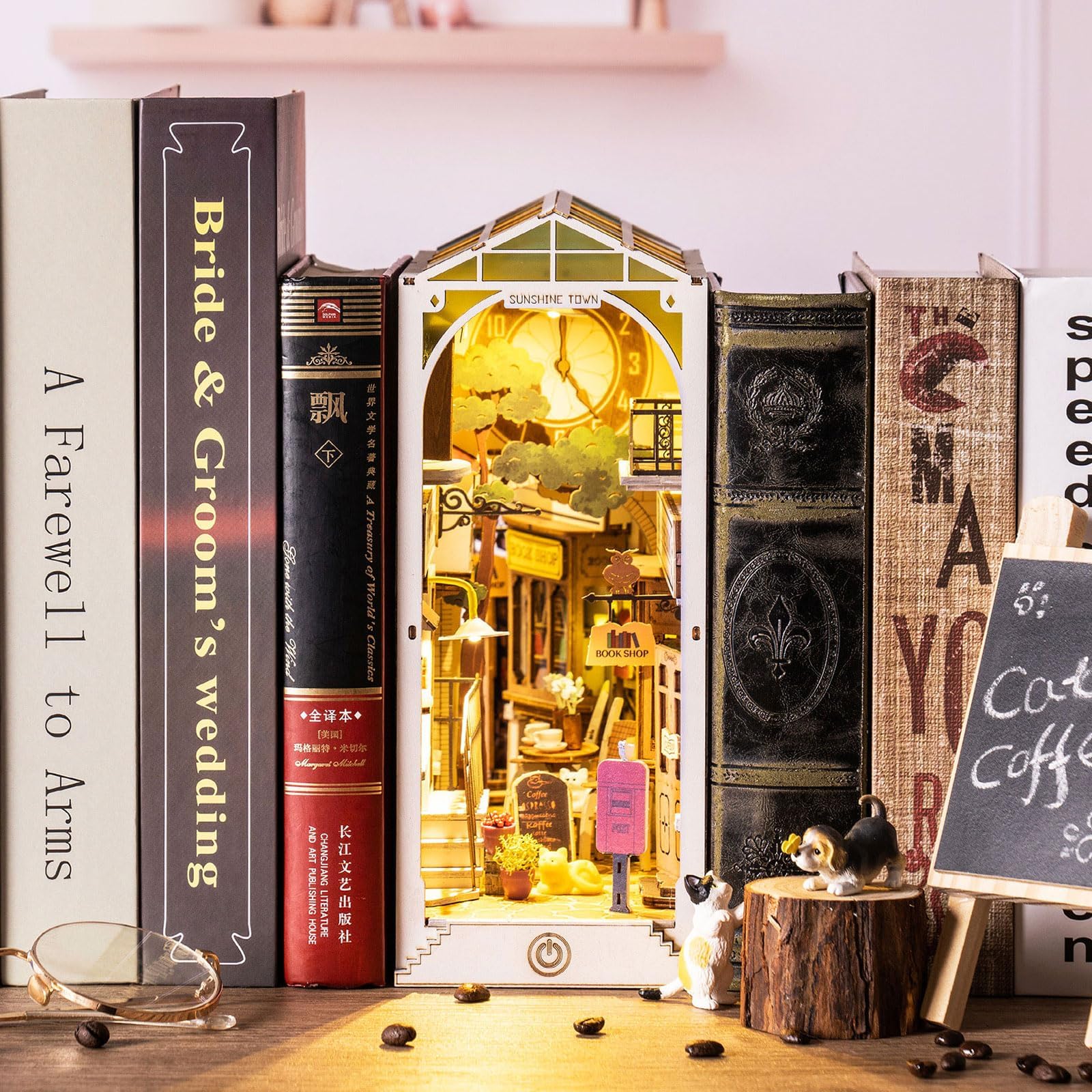 DIY Book Nook Kit 3D Wooden Puzzle for Adults 9.5" Bookshelf Indert Decor with LED Miniature Dollhouse Kit Bookend Crafts Diorama Hobbies Gifts for Boys Girls (Sunshine Town)