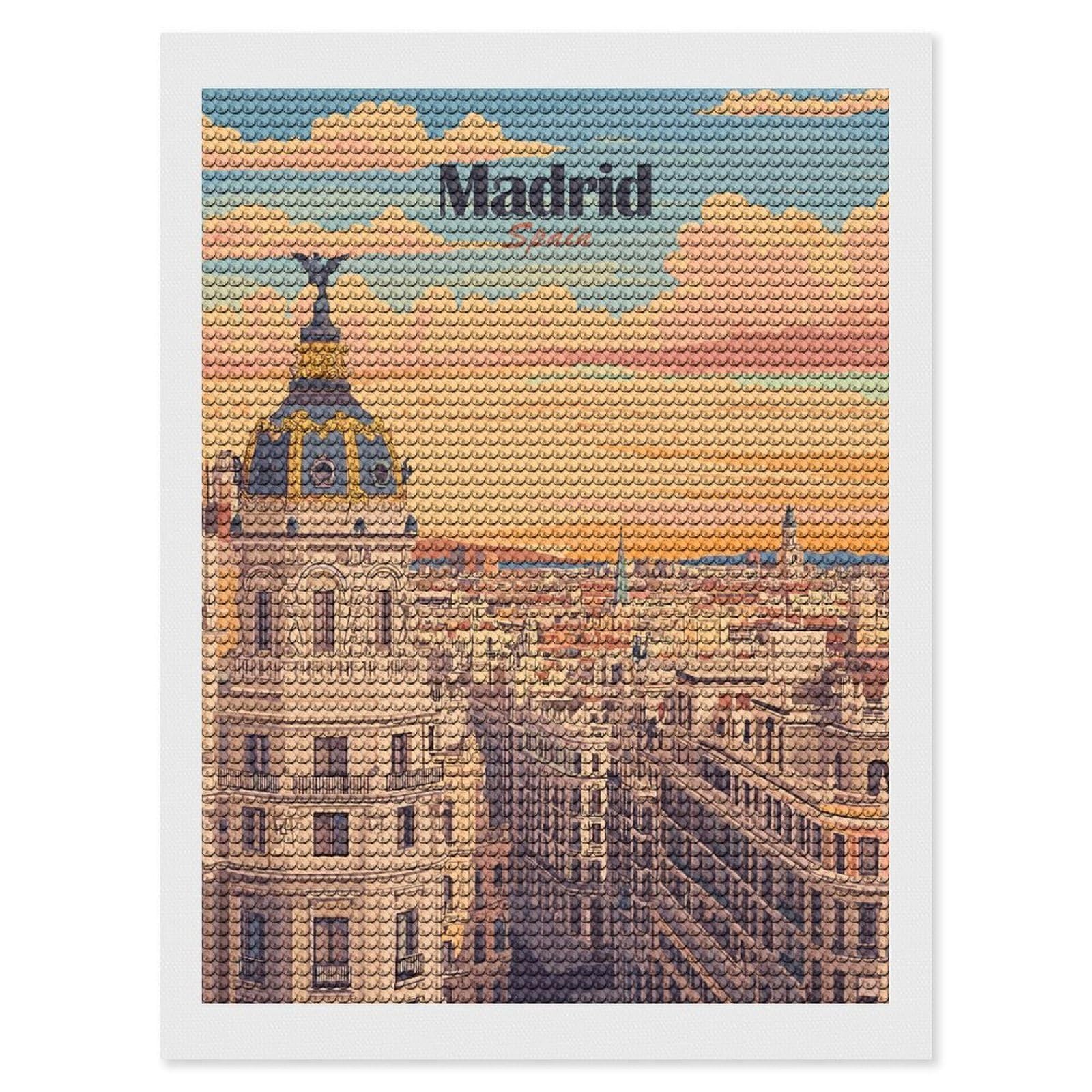 Junmoney Madrid, Spain Cityscape Illustration Round Drill Diamond Painting 12"x16", Satisfying Creative Project, Complete Accessories, Printed Canvas