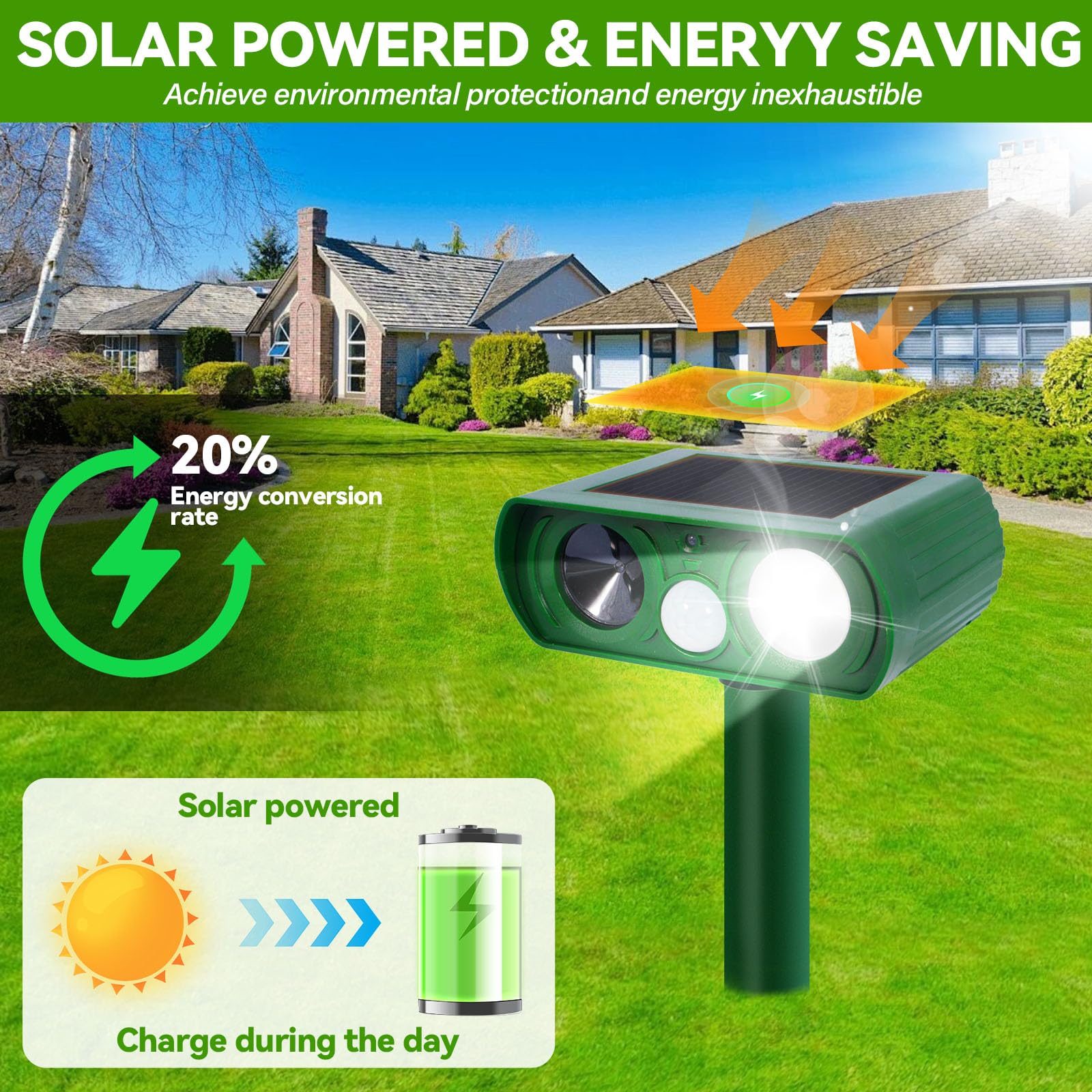 Répulsif Chat Ultrason Extérieur avec Détecteur de Mouvement Lumière LED Étanche pour Jardin Chien Écureuil Renard 510B