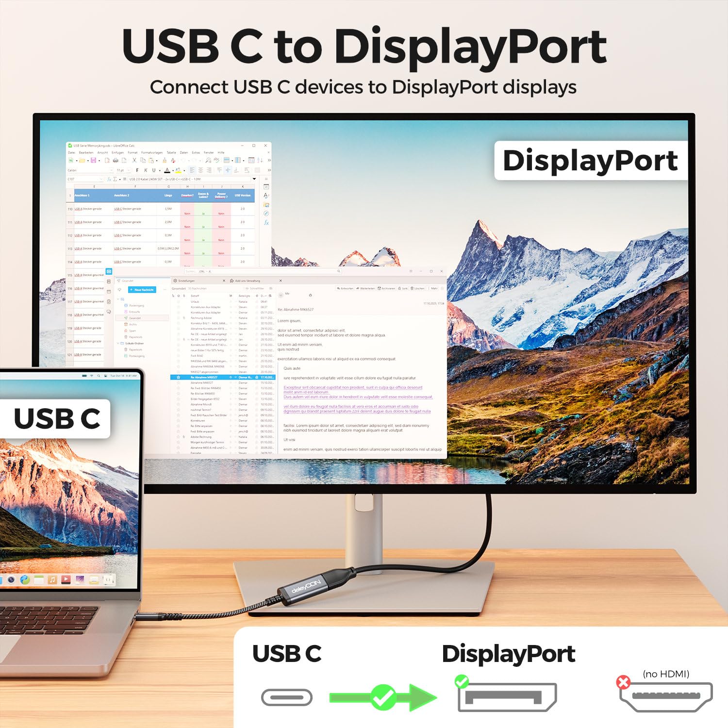 deleyCON 1,5m 8K USB-C naar DisplayPort Kabel voor Monitor (8K@60Hz / 4K@120Hz) Adapter, Thunderbolt 3/4, voor iPhone 17,16,15 Pro Max Air, MacBook, iPad Pro/Air, Galaxy S25 S24 S23, Notebook, Tablet