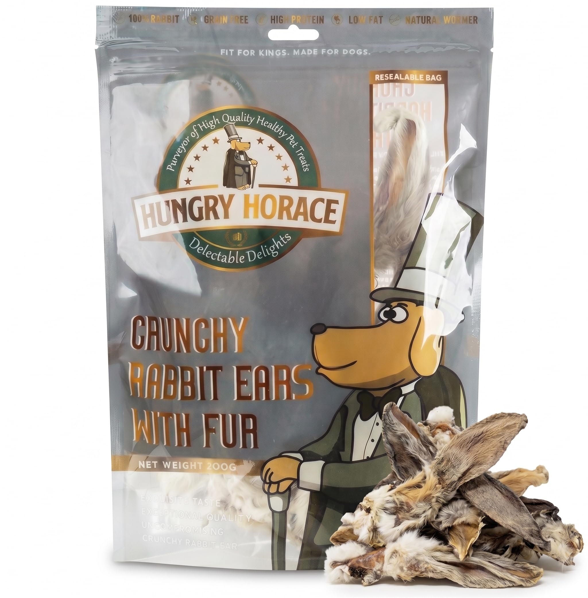 Hungry Horace Crunchy Rabbit Ears with Fur for Dogs β 100% Natural, Premium Hypoallergenic, AirβDried, SingleβIngredient, Hypoallergenic Treats for Sensitive Dogs β Resealable 200g Pack (14β16 Ears)