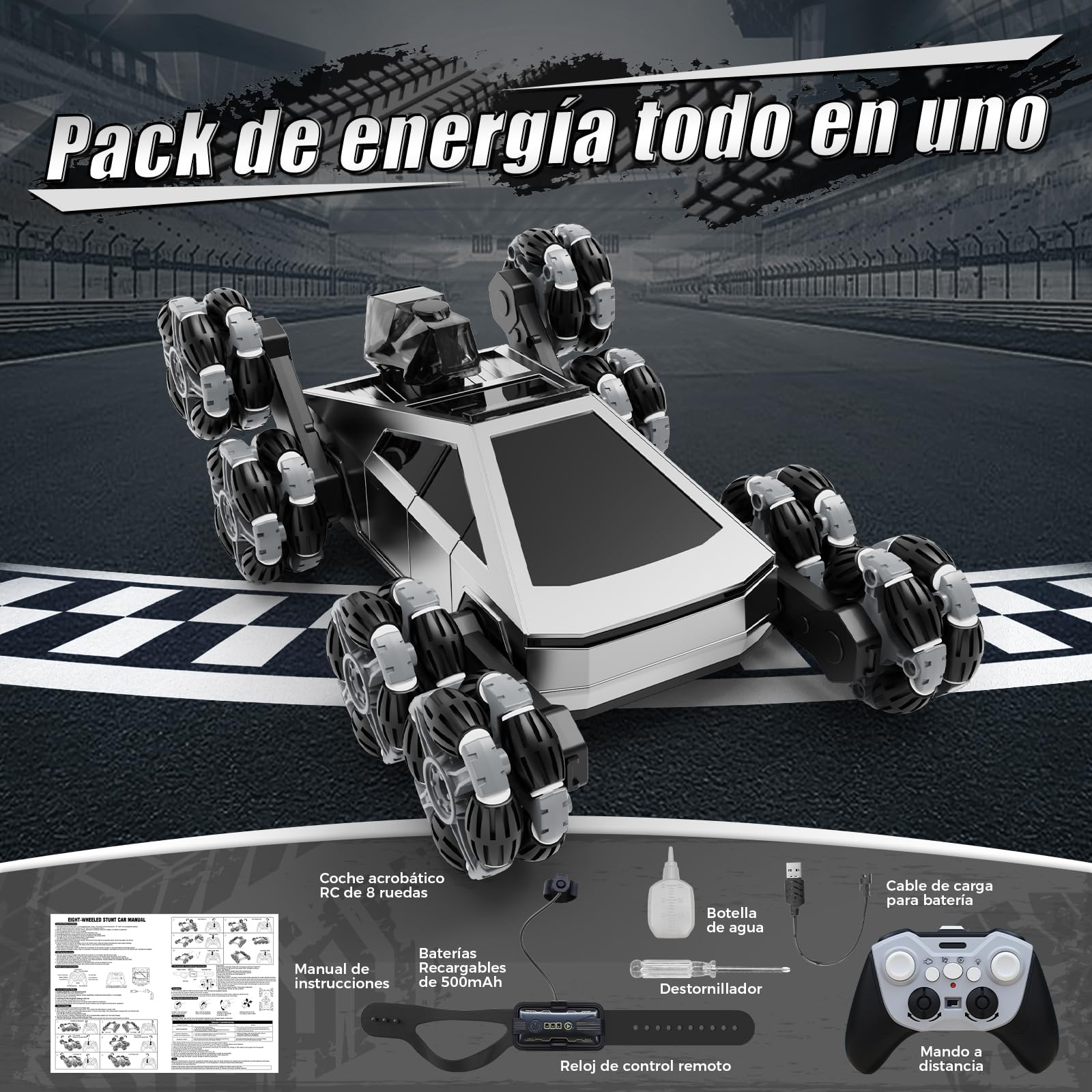 Coche Teledirigido RC Acrobático 8 Ruedas, Vehículo Todoterreno con Mando a Distancia & Control Manual, Luces LED, Música, Spray, Juguete para Niños 5-11 Años, Regalo Cumpleaños, Navidad y Reyes Magos