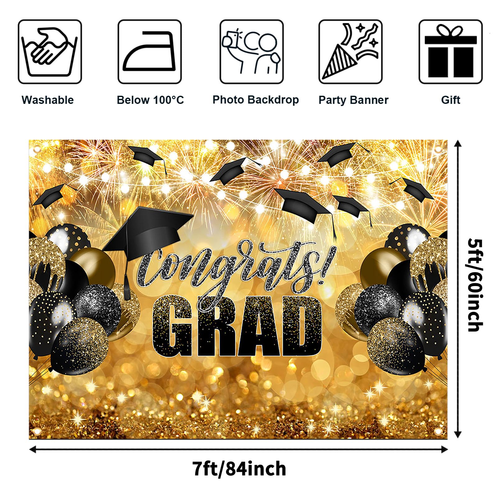 Avezano Congrats Grad Backdrop Black Gold Glitter Graduation Party Decorations Photography Background Class of 2024 Celebration Prom Party Photoshoot Photobooth (7x5ft)