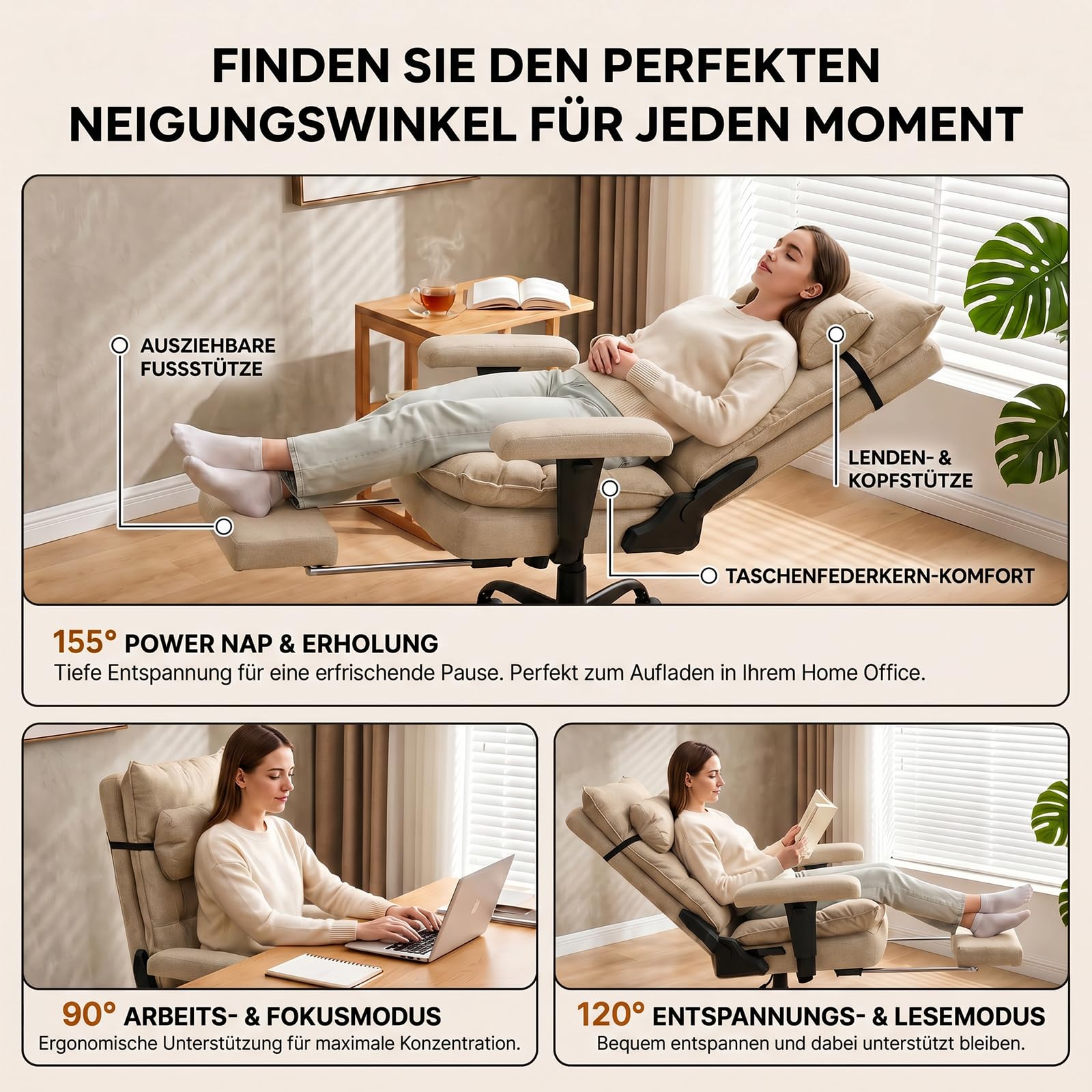 EXCEBET Bürostuhl mit Taschenfederkern, Ergonomischer Chefsessel aus Stoff mit Fußstütze, 155°Verstellbarer Schreibtischstuhl, Hoher Computerstuhl bis 180 kg, Breiter Sitz für Schneidersitz (Beige)