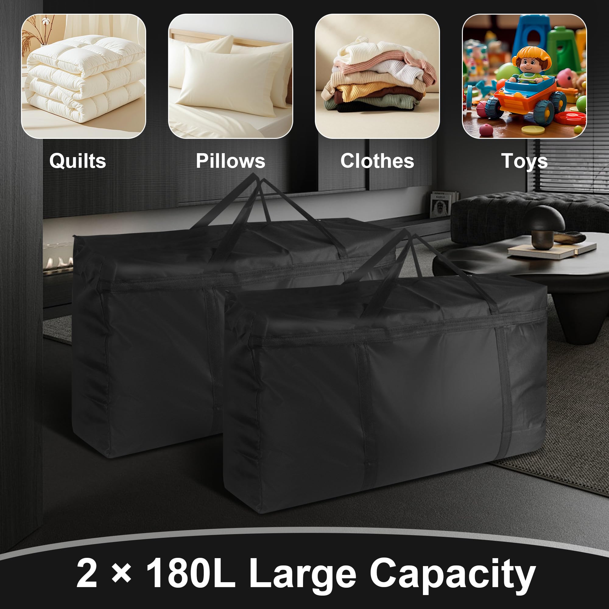 Lot de 2 sacs de rangement extra larges de 180 L, en tissu Oxford 600D ultra-résistant avec poignées renforcées, idéaux pour les voyages et les déménagements.dimensions : 100 x 58 x 28 cm.