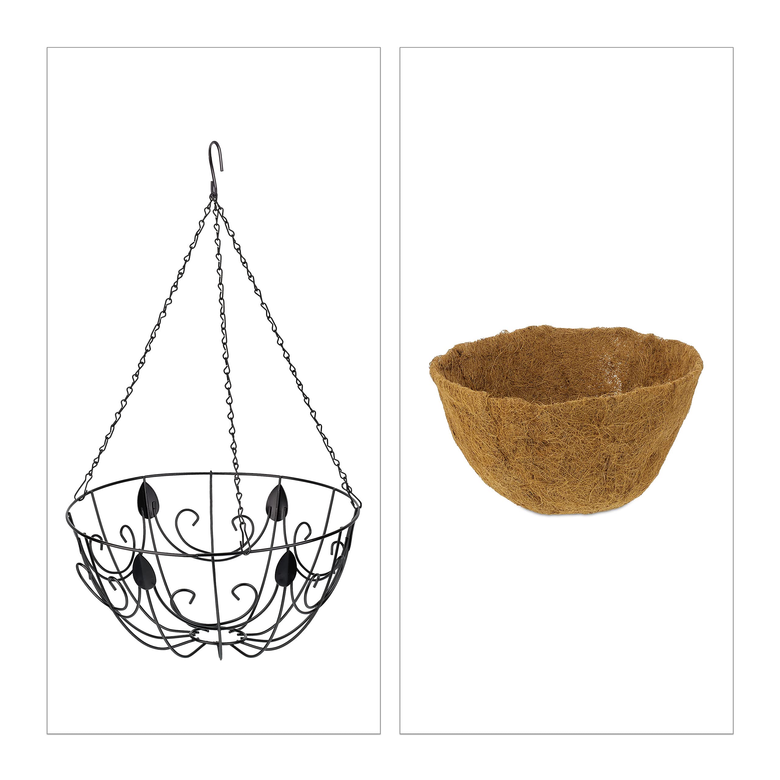 Relaxdays Set da 3 Portavasi da Parete, in Fibra di Cocco, Fioriera da Appendere con Catena, D: 35 cm, 10 litri, Marrone