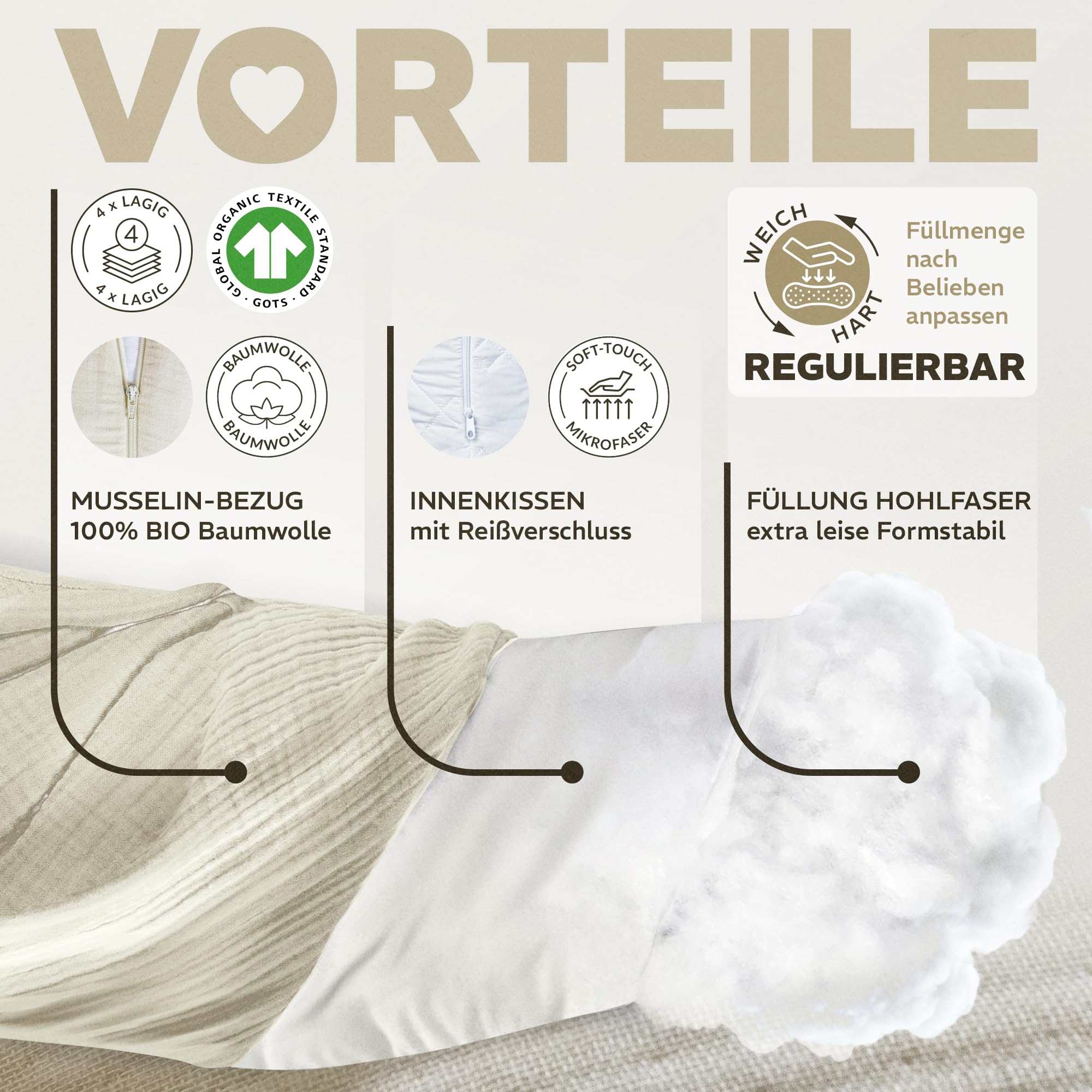 Sei Design Coussin de Grossesse XXL 190x30 avec Housse en Mousseline Ergonomique – Coussin de Maternité, Coussin d'allaitement Confort pour Femme Enceinte, 100% Coton Bio